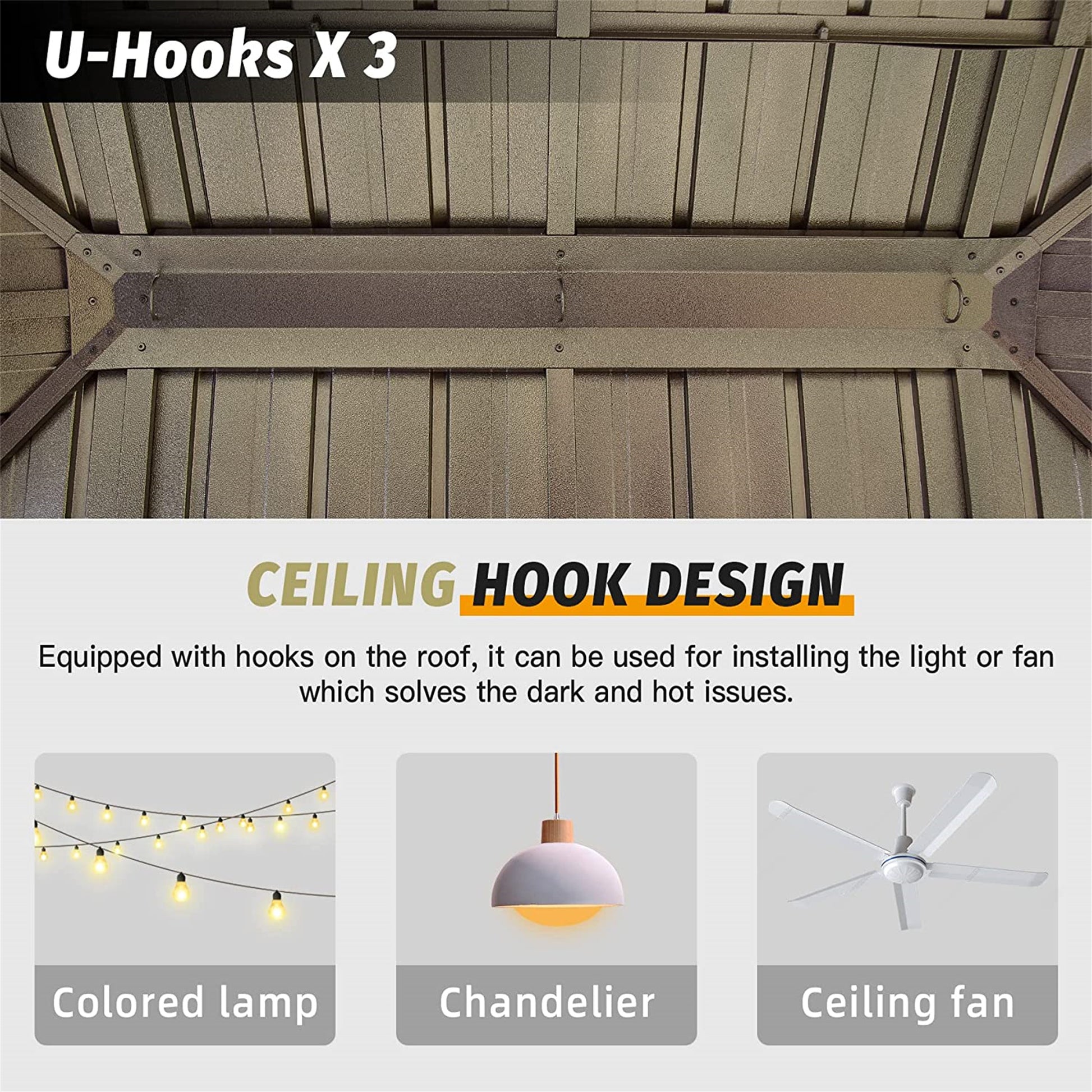 Three Ushaped metal hooks for ceiling installation of lights or fans