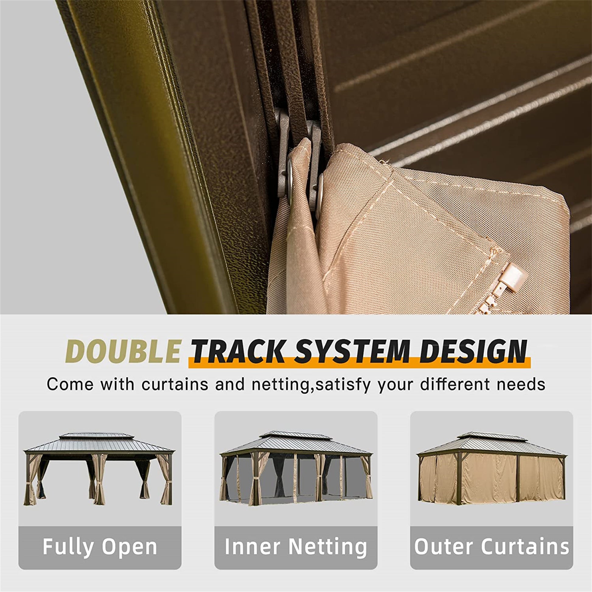 Closeup of a brown metal track with beige gazebo curtains attached via hooks
