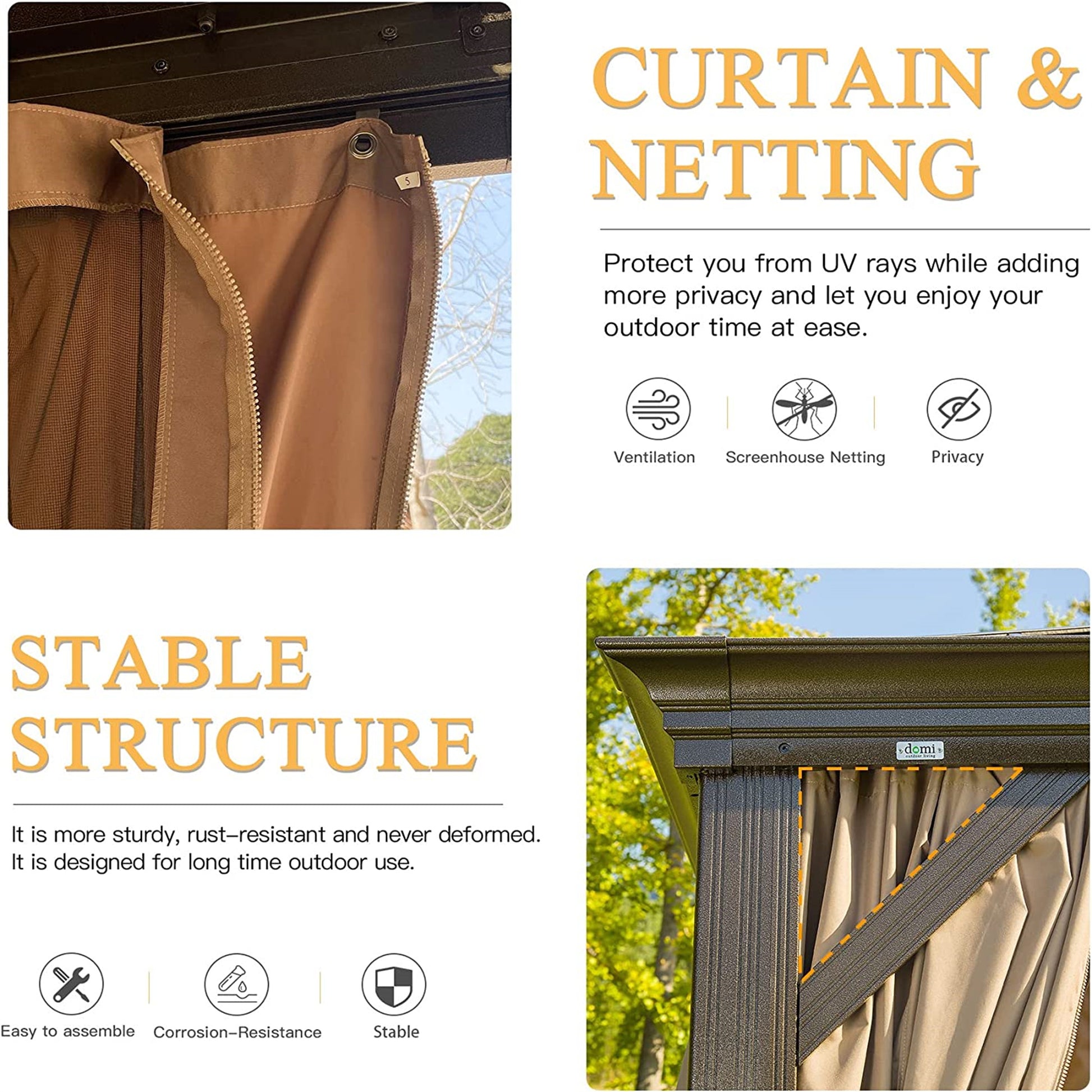 Brown outdoor gazebo netting with zippered closure and mesh detail