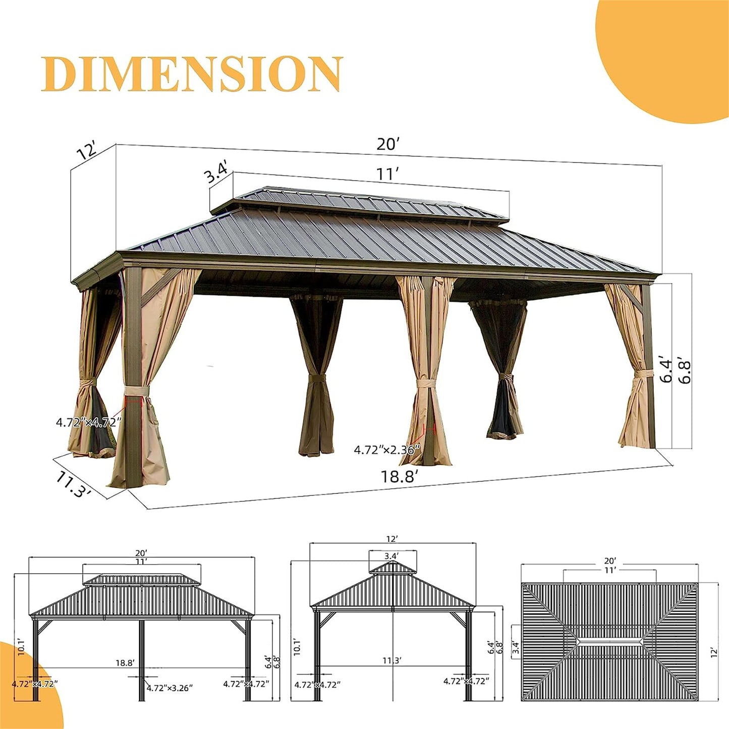 Diagram showing x metal roof gazebo dimensions with curtains