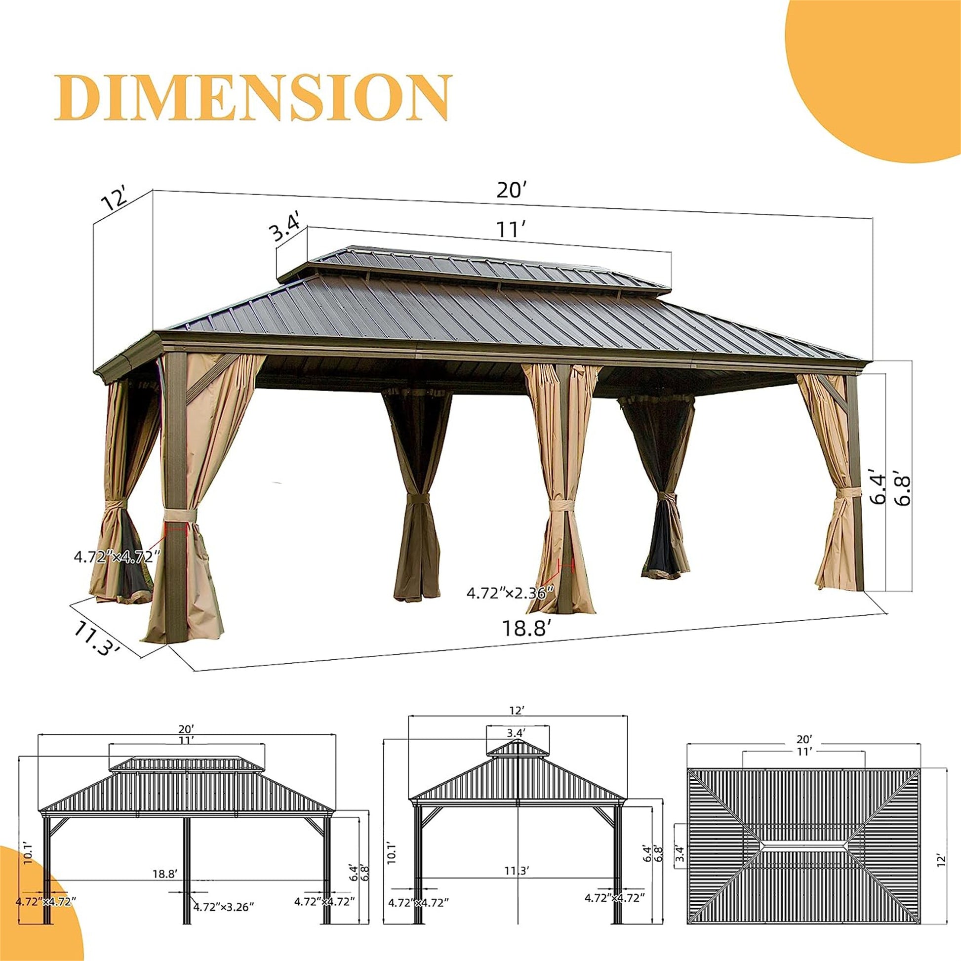 Diagram showing x metal roof gazebo dimensions with curtains