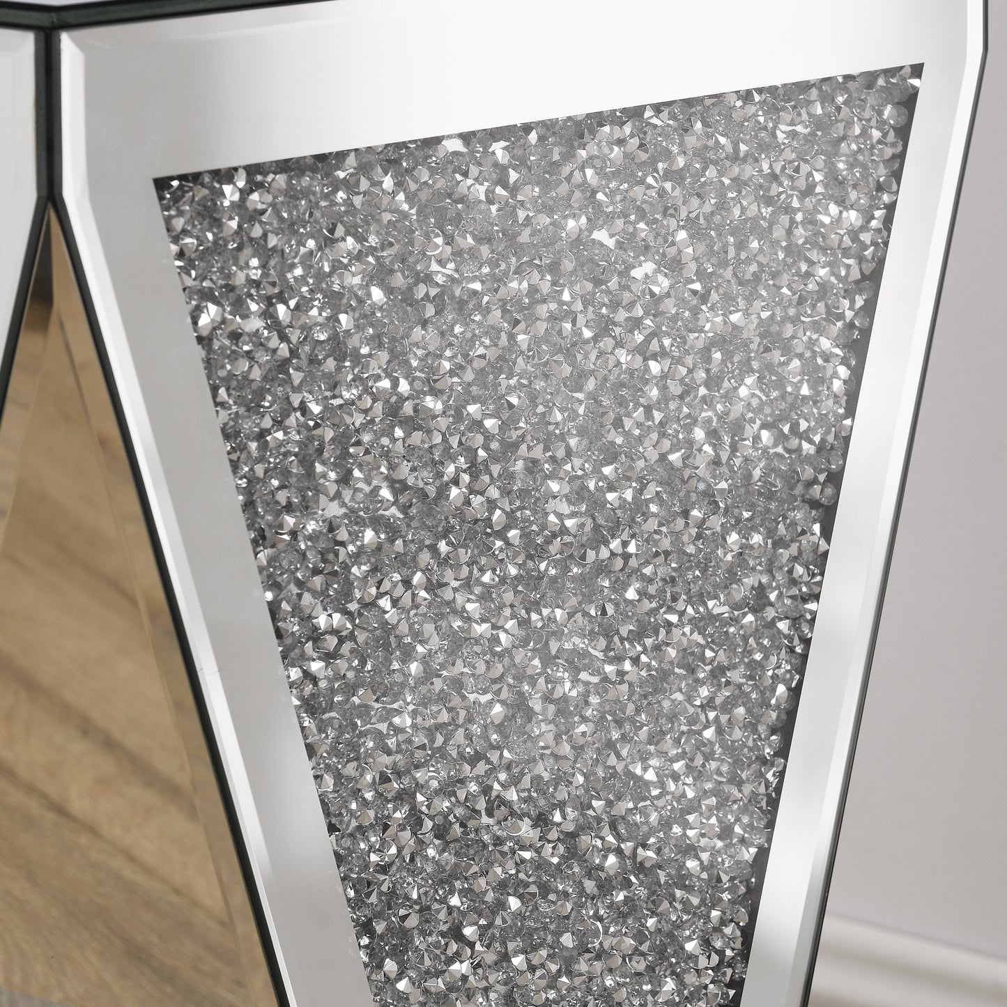 Crushed diamond mirrored side table inlay with silver crystal accents