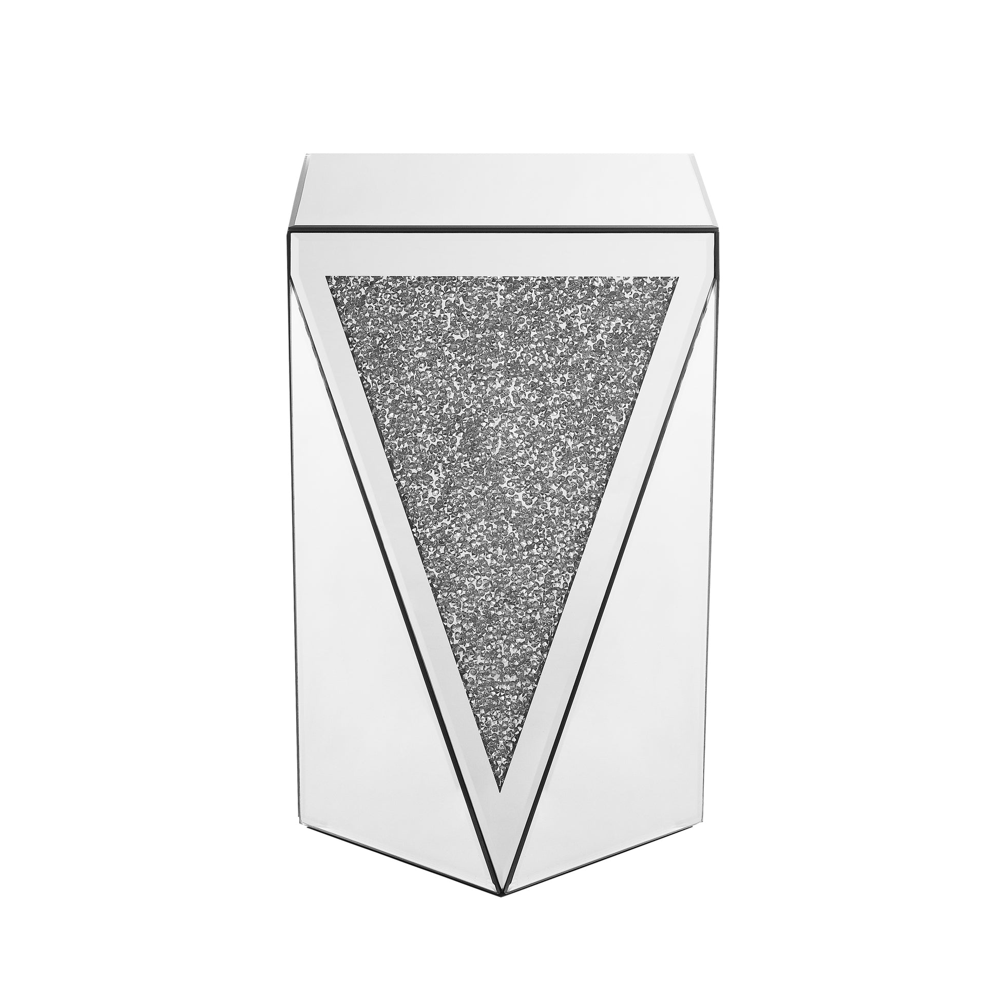 Mirrored side table with a prominent crushed crystal inlay triangle design