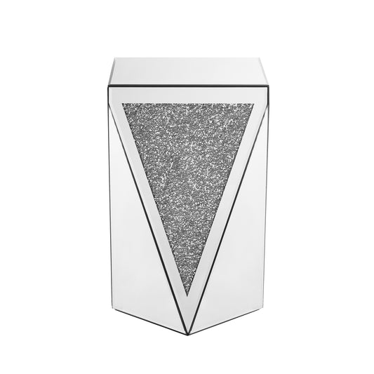 Mirrored side table with a prominent crushed crystal inlay triangle design