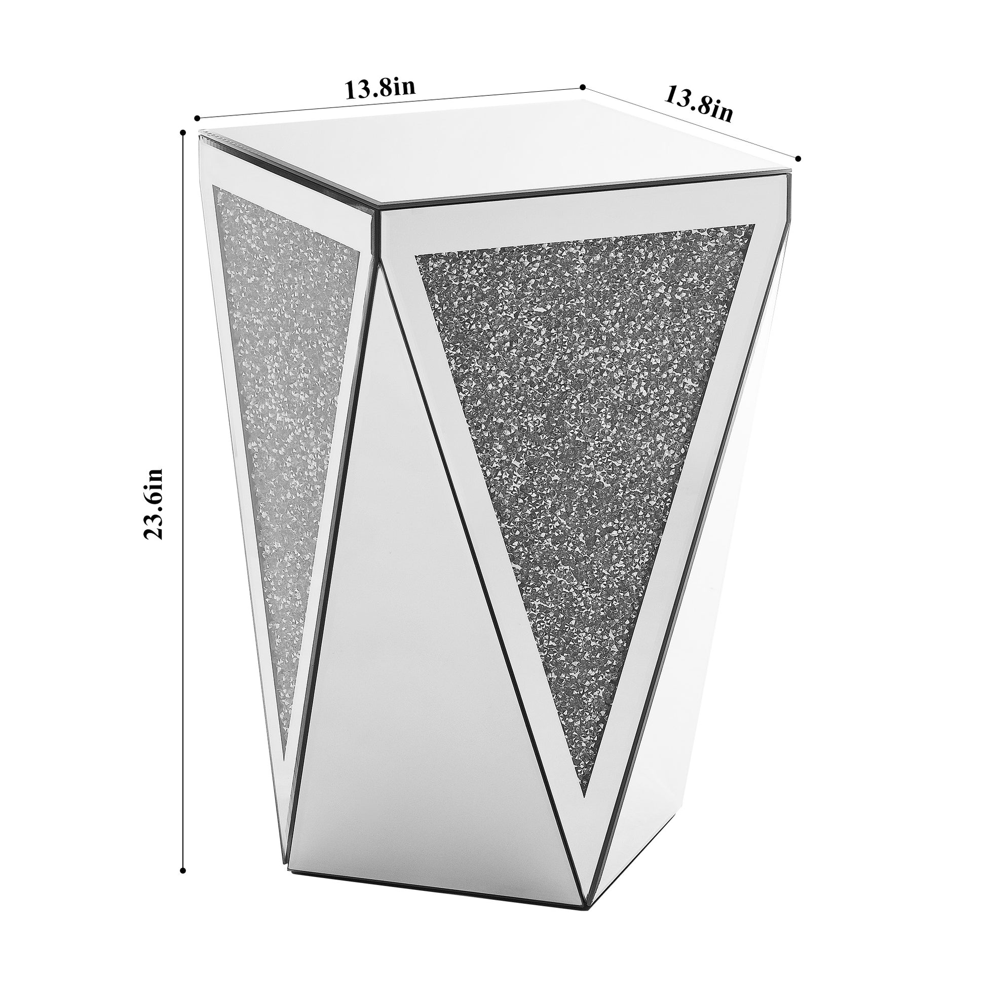 Glamorous mirrored accent table with crushed crystal inlay and geometric design in height