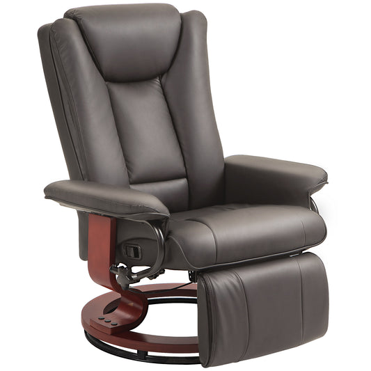 Plush dark grey leather recliner chair with wooden swivel base and integrated footrest