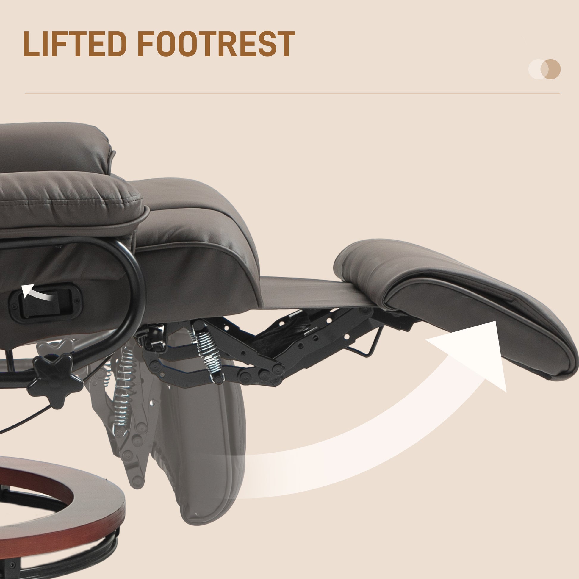 Closeup of a grey leather recliner chair with its footrest in the lifted position