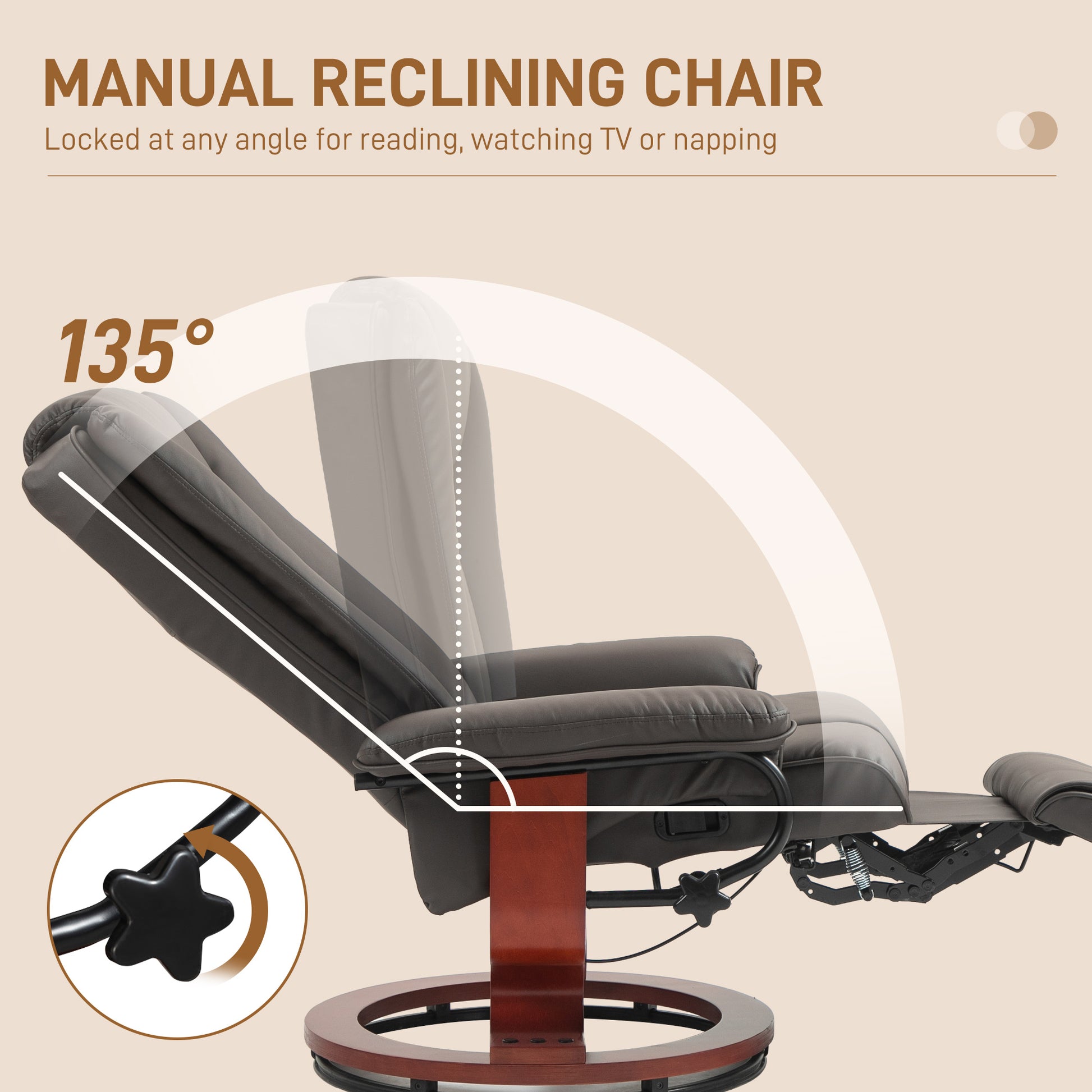 Brown manual reclining chair made of faux leather with a wooden base shown at a degree angle