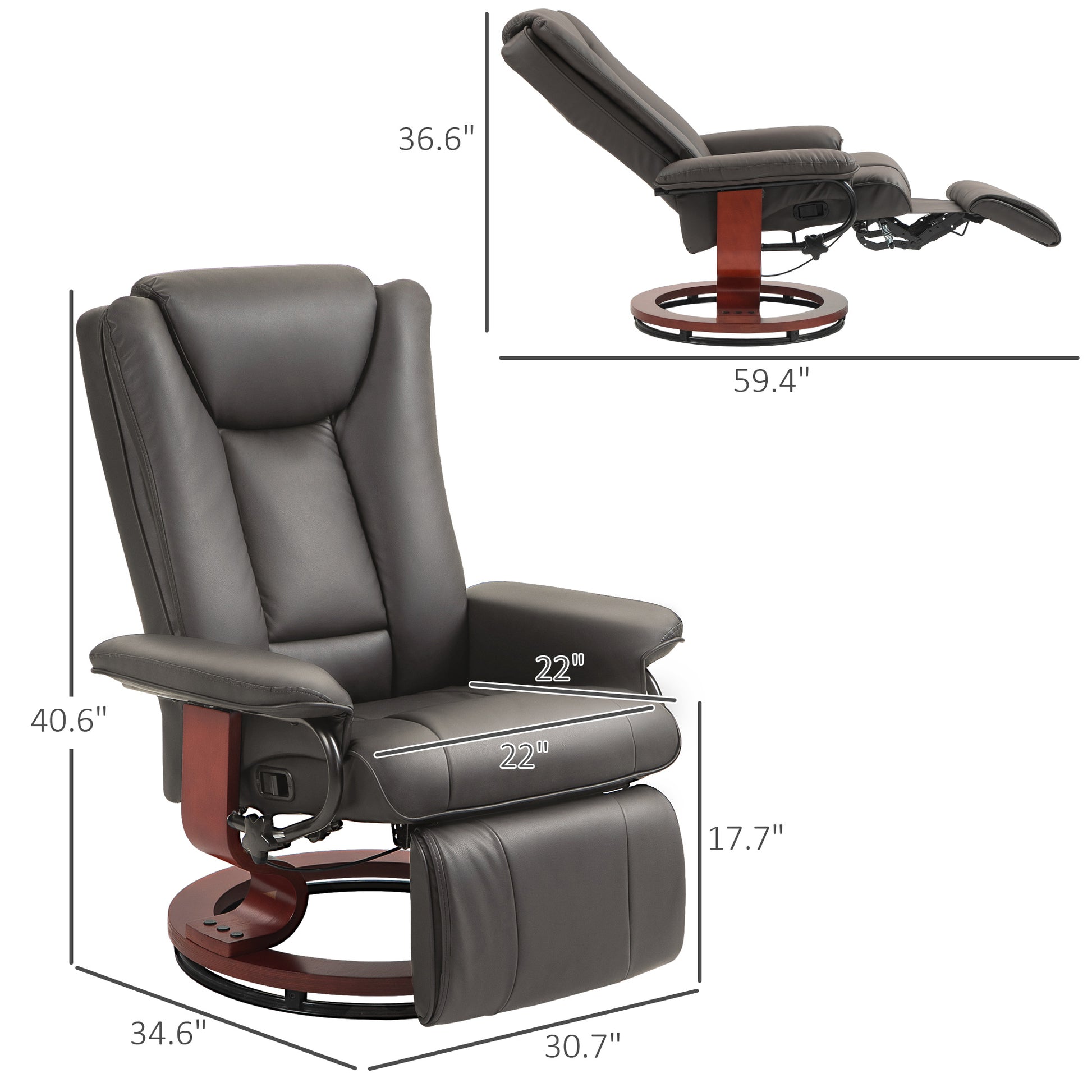 Dark gray leather recliner chair with adjustable footrest and wooden base