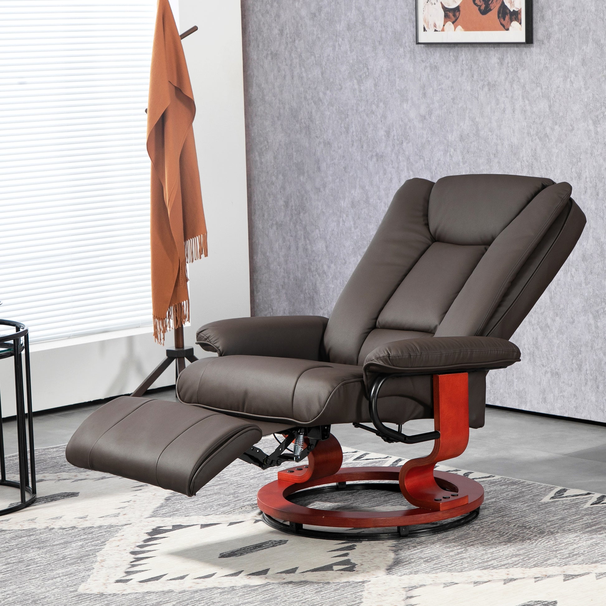 Comfortable dark brown recliner chair with plush padding and a wooden swivel base