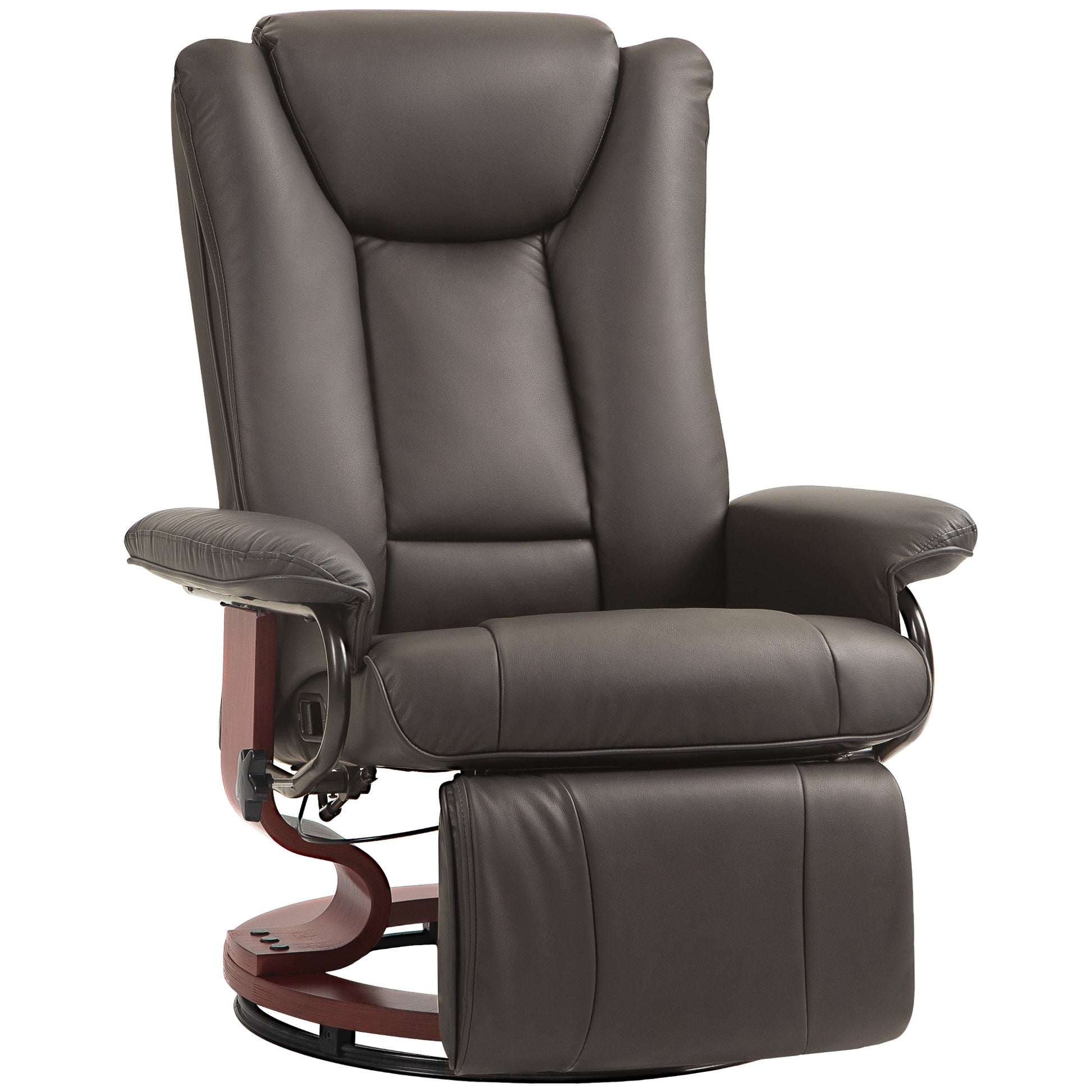 Dark brown leather recliner with mahogany wood base perfect for home theaters