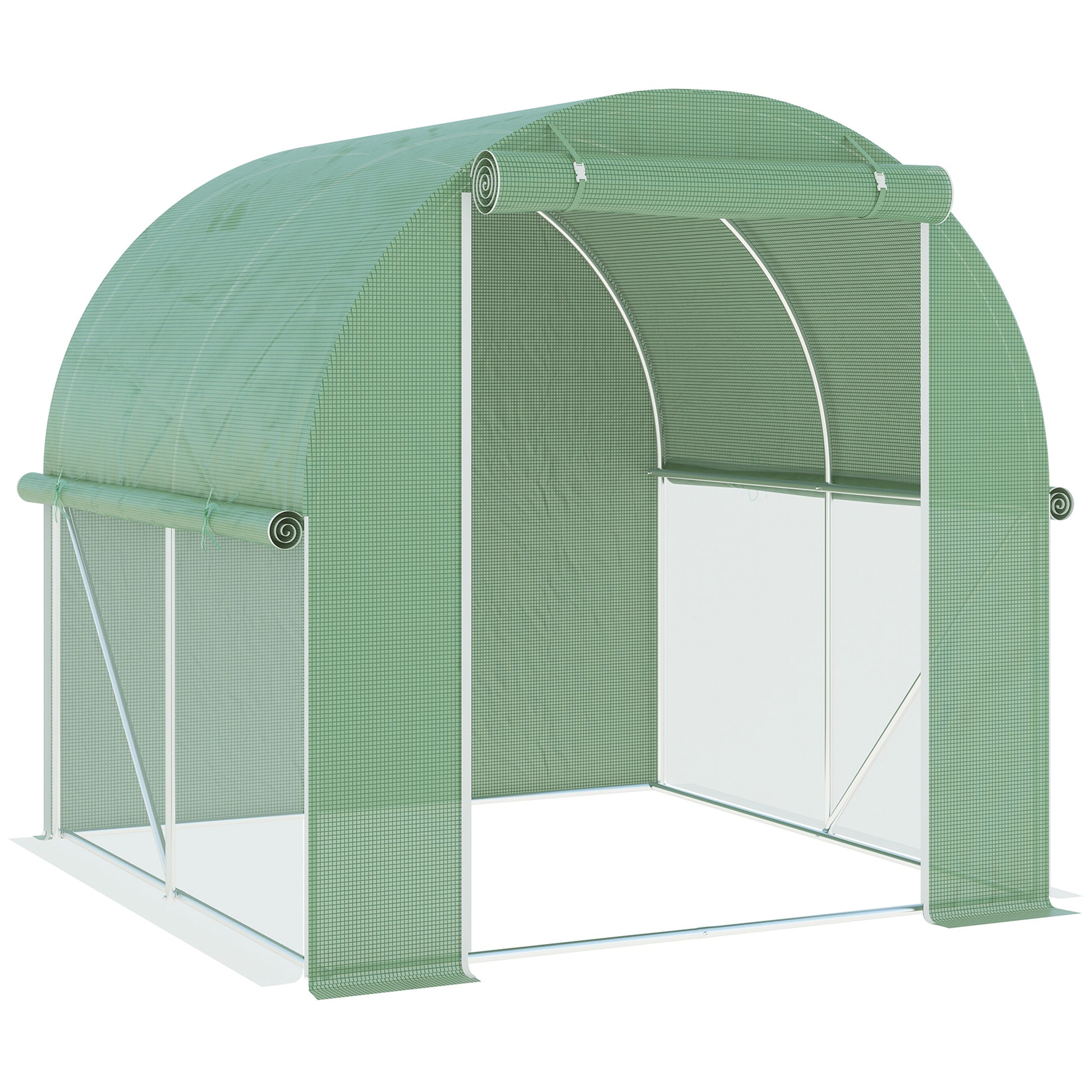 Green walkin greenhouse with rollup zippered door for easy garden access and ventilation