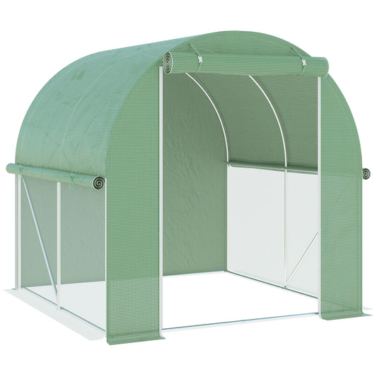 Green walkin greenhouse with rollup zippered door for easy garden access and ventilation