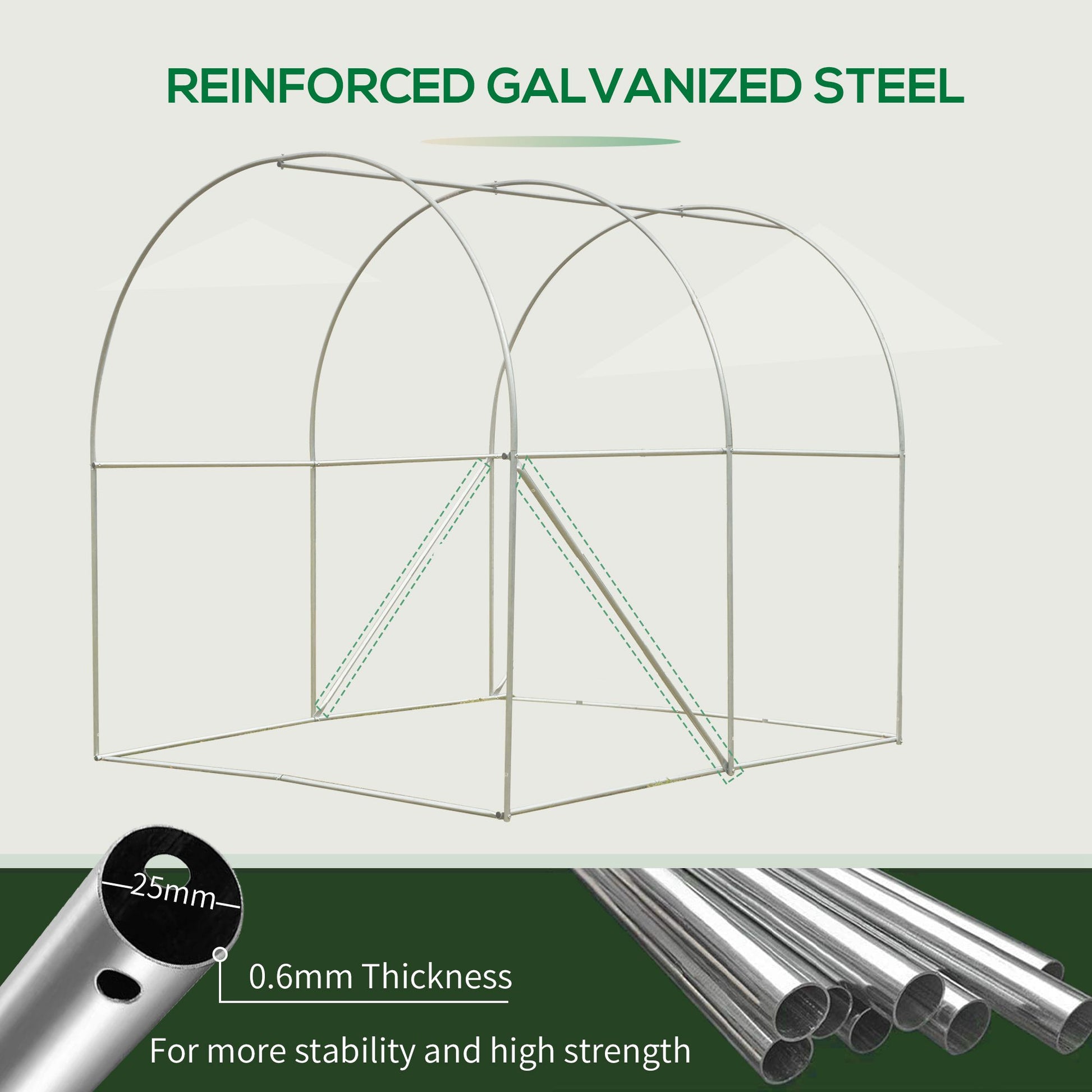 Reinforced galvanized steel frame for a greenhouse showing arc and vertical supports