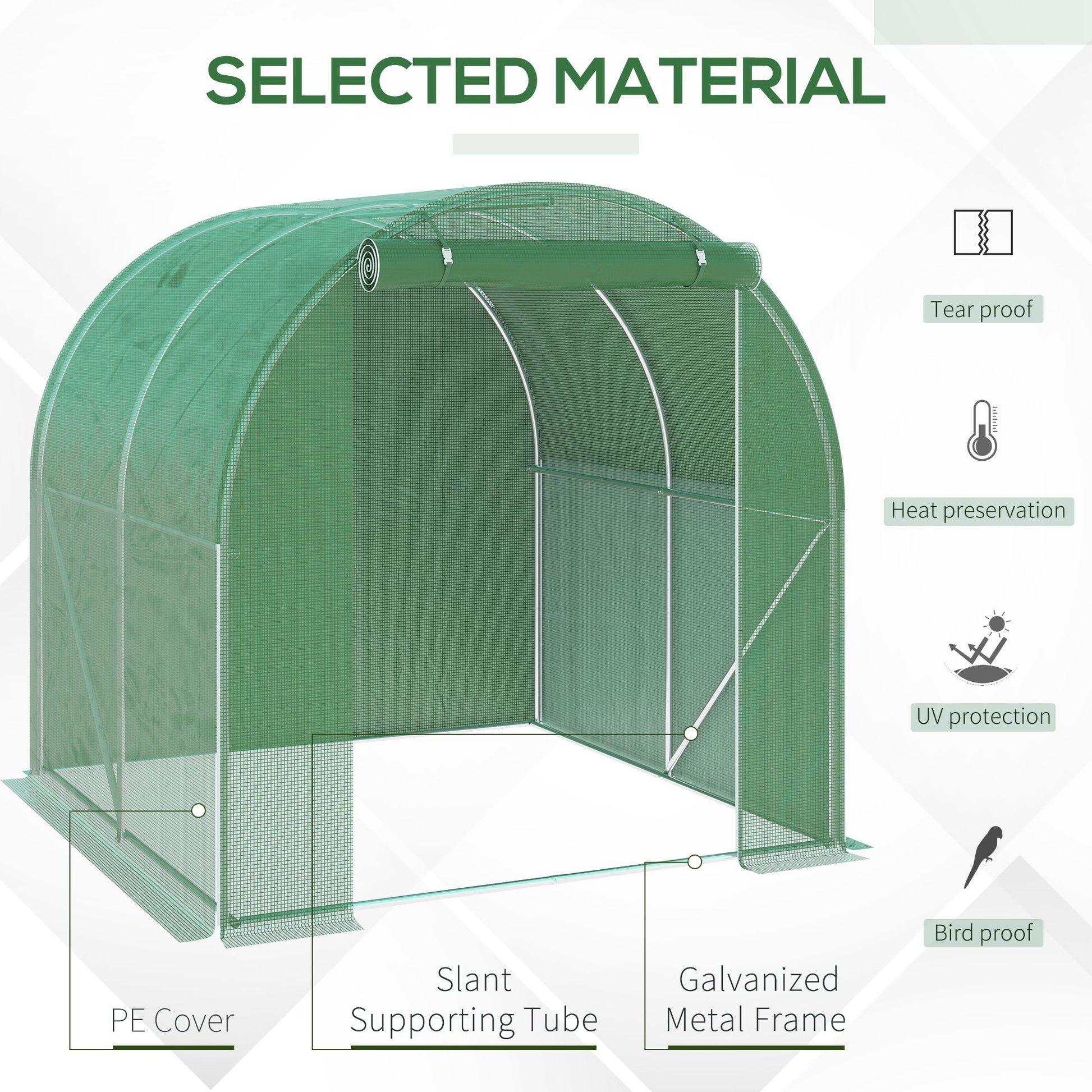 Green portable greenhouse with PE cover and galvanized metal frame for plants