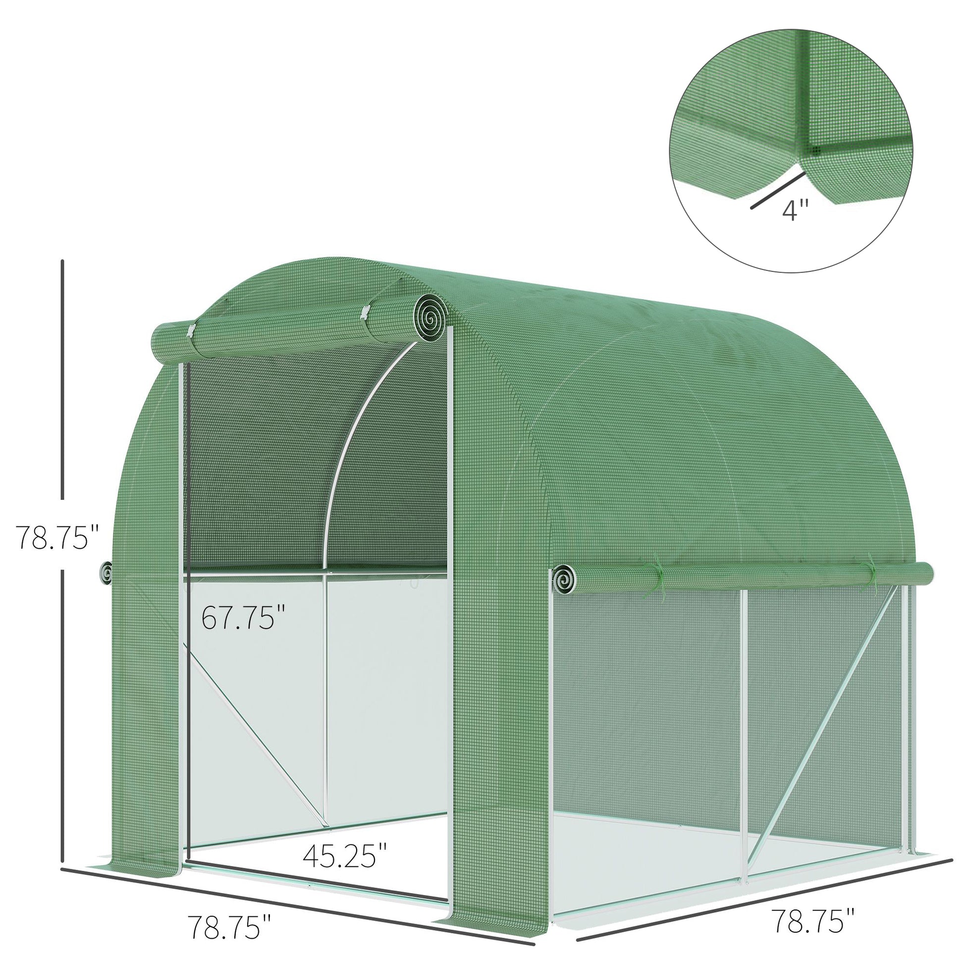Green mini greenhouse with rollup doors and dimensions shown