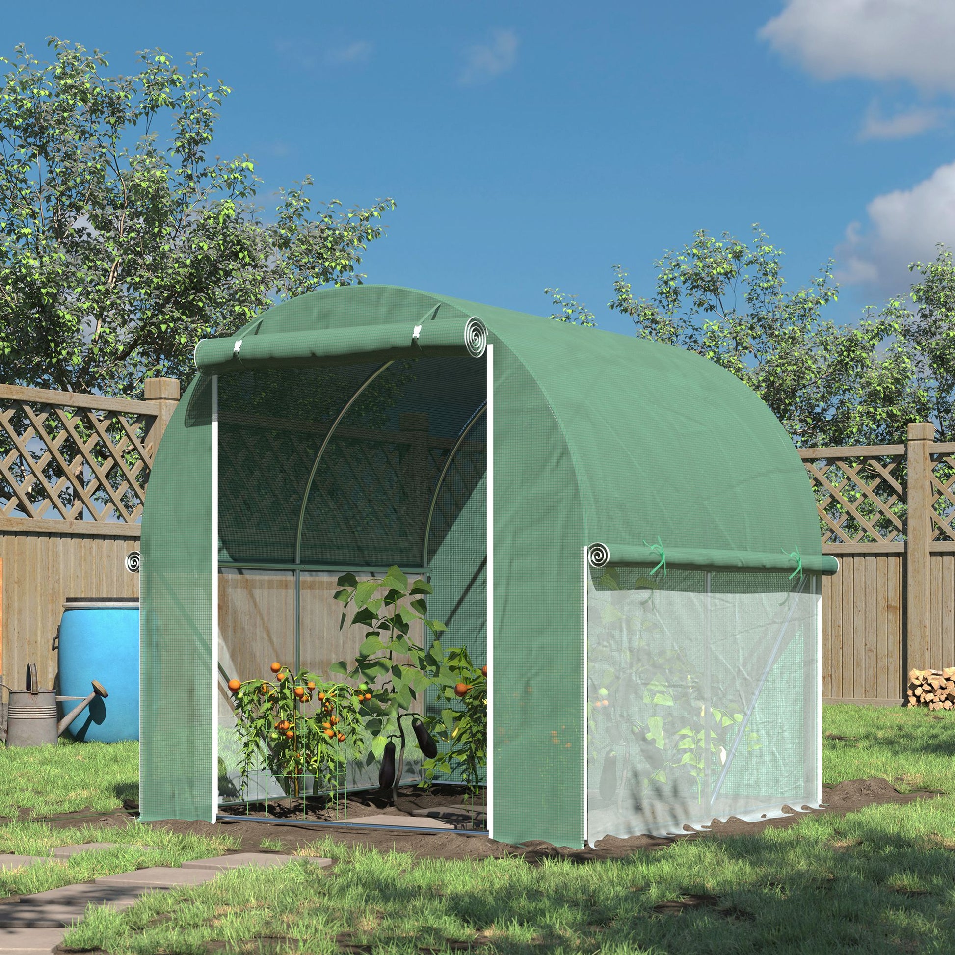 Green walkin greenhouse with rollup door for backyard gardening