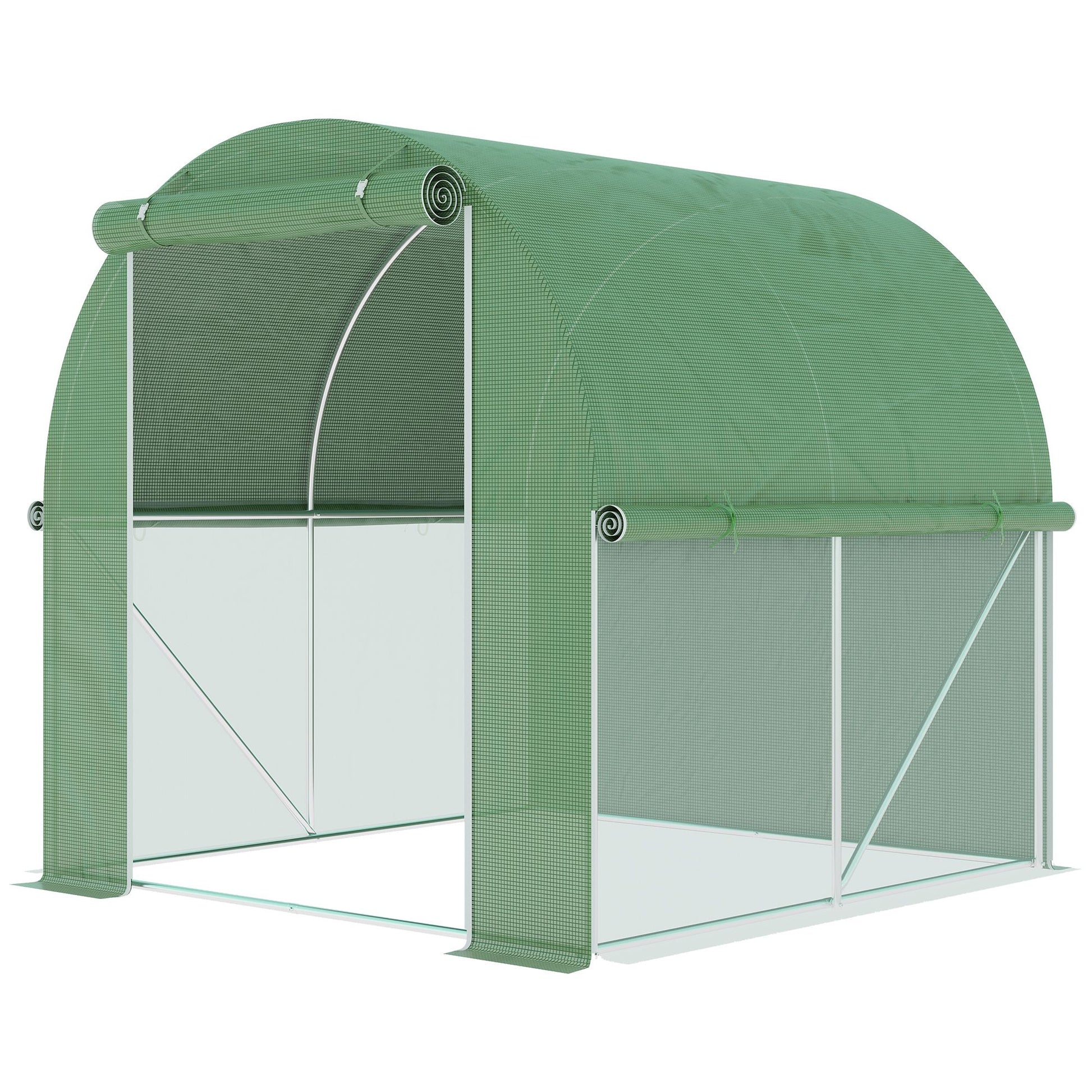 Green rollup door greenhouse with white metal frame ideal for small gardens