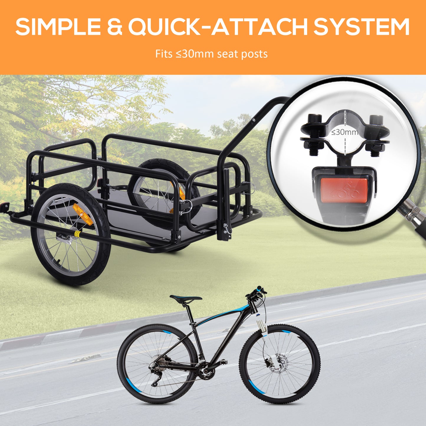 Black bicycle cargo trailer with quickattach system for seat posts