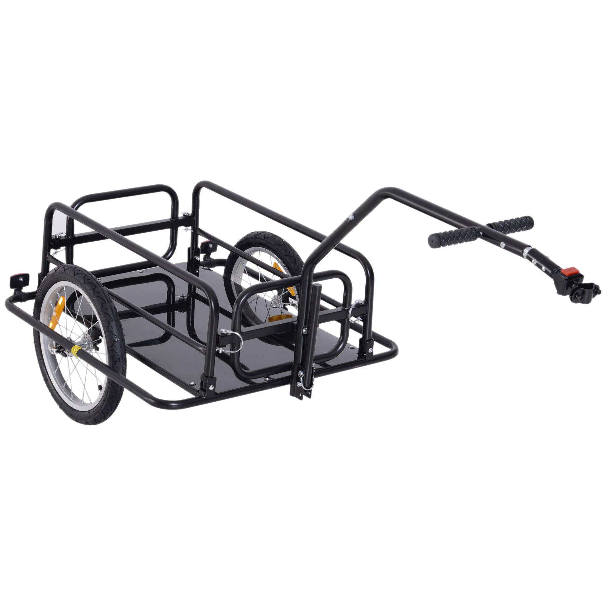 Black steel bicycle cargo trailer with two wheels and a handlebar