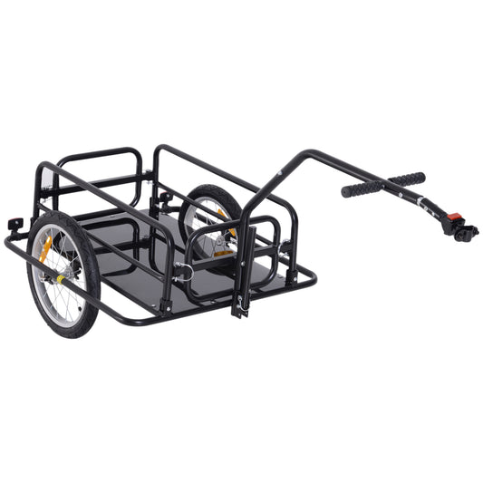Black steel bicycle cargo trailer with two wheels and a handlebar