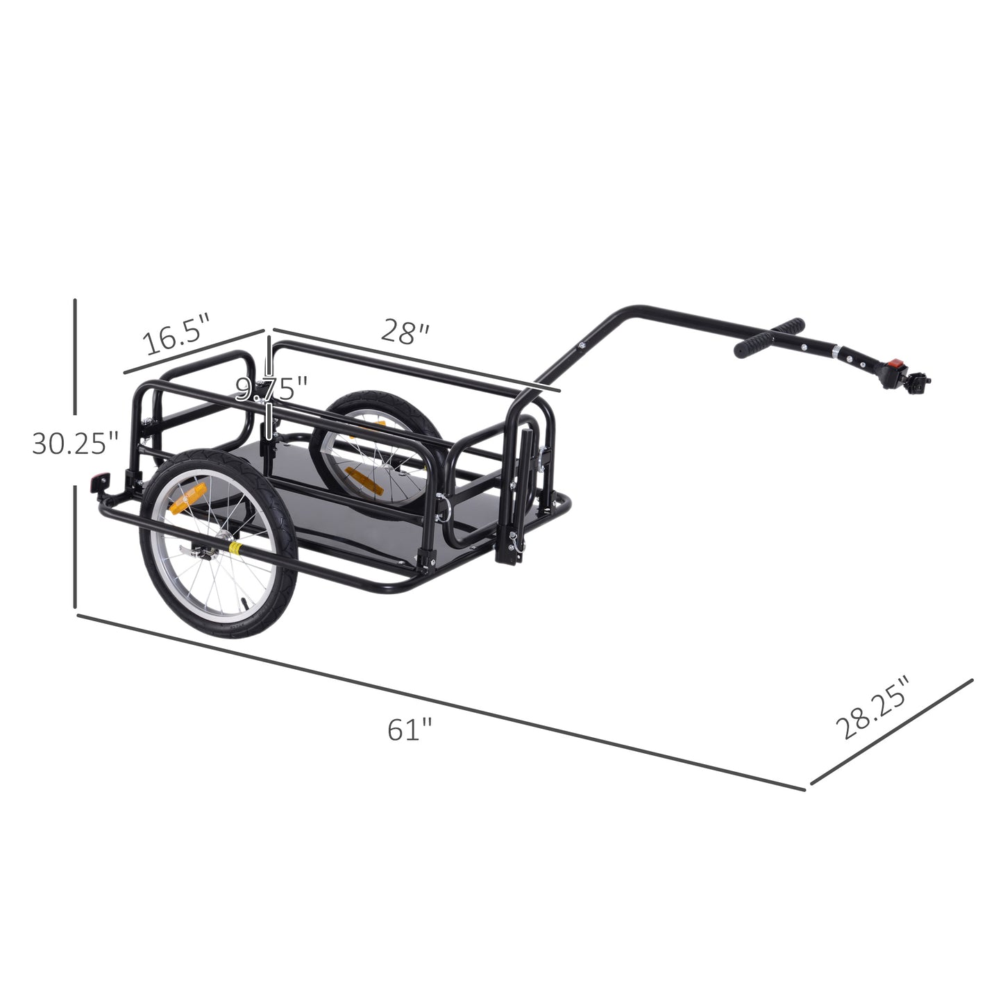 Black steel cargo bike trailer with two wheels and a tow bar