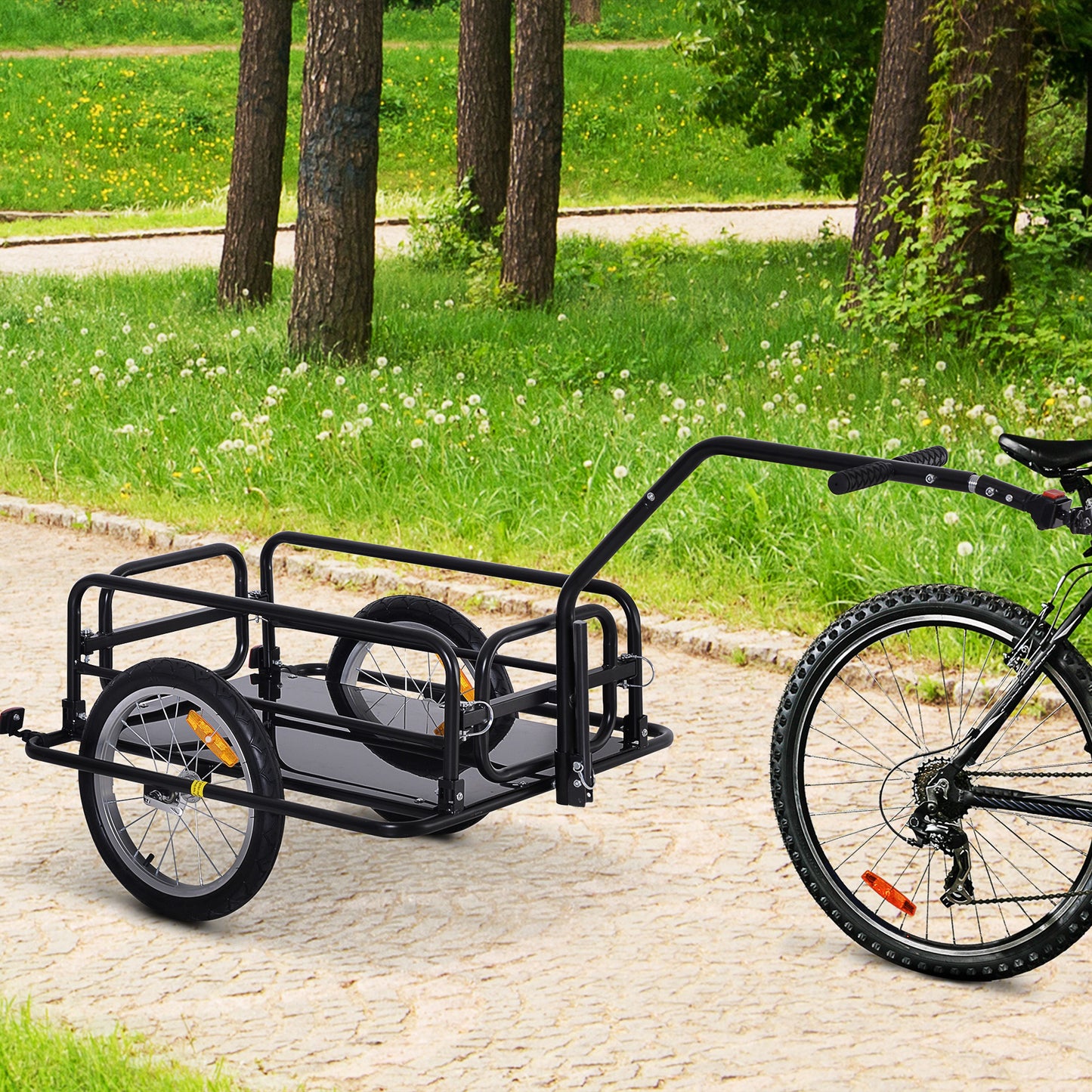 Black metal bicycle cargo trailer with two wheels and reflective orange strip