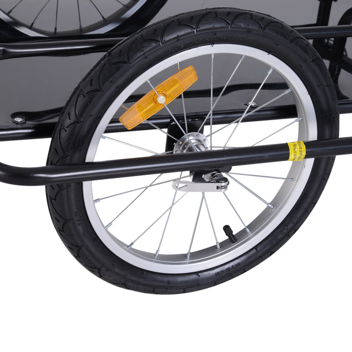 Closeup of a black bicycle trailer wheel with silver spokes and rim