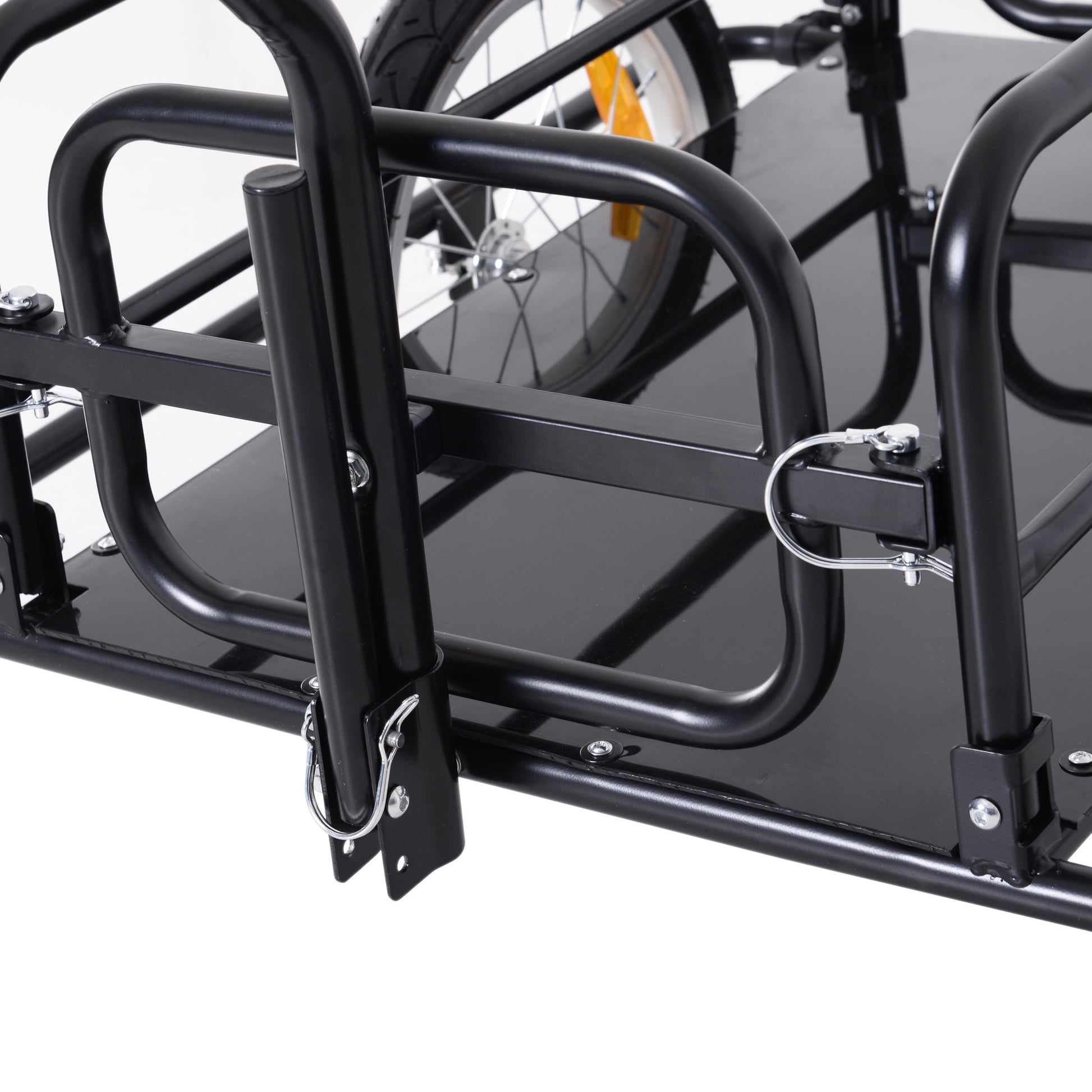 Black steel cargo trailer frame with wheel and black powder coat finish