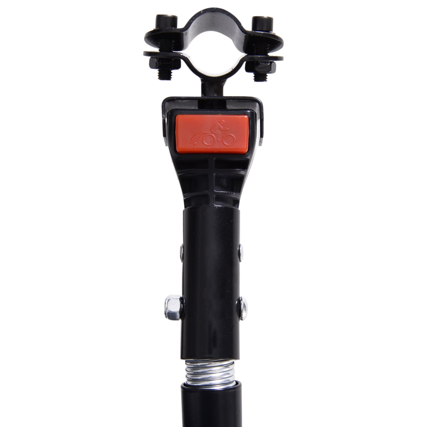 Black adjustable bicycle kickstand clamp with red button and silver bolts