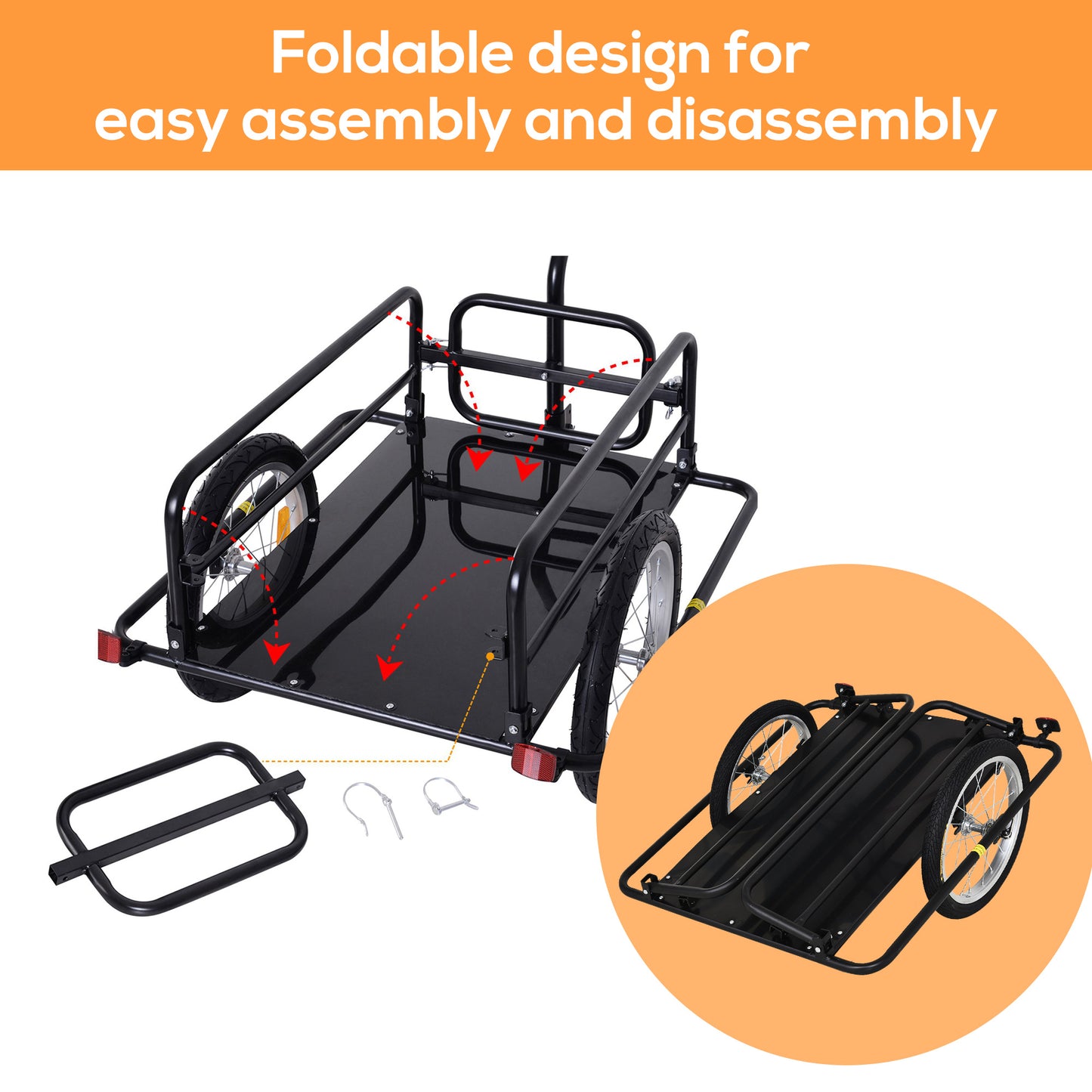 Black foldable bicycle cargo trailer with two wheels and storage capacity