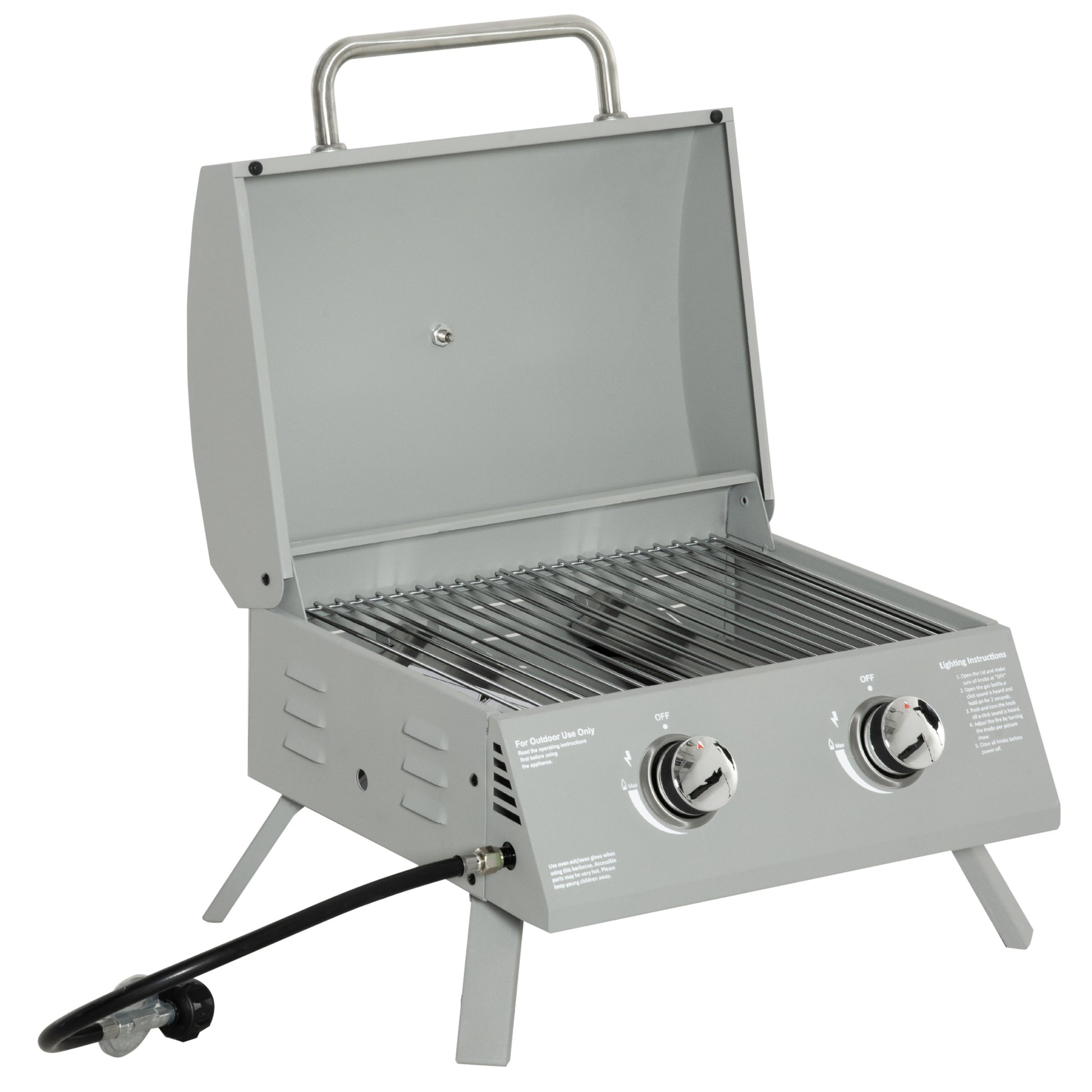 Grey portable gas grill with two burners and stainless steel grates for outdoor cooking