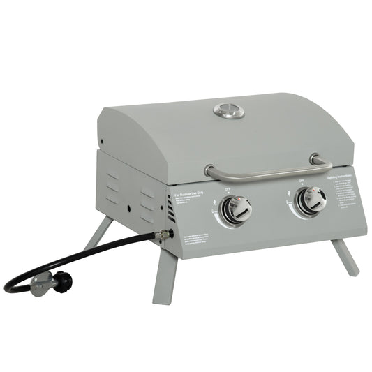 Gray portable propane grill with two burners and control knobs