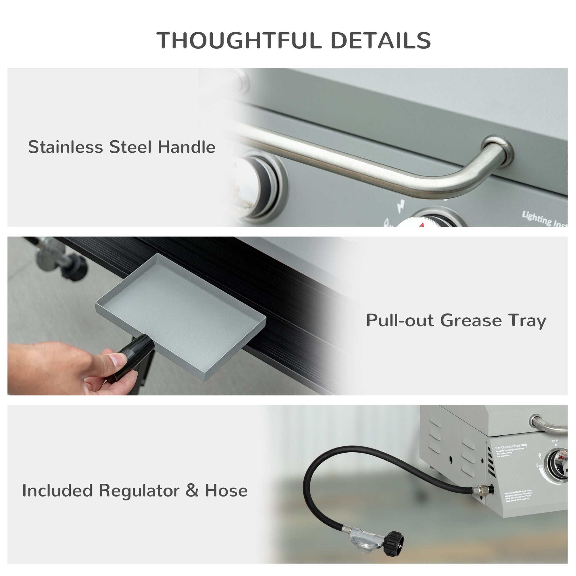 Closeup of a brushed stainless steel handle on a gray appliance