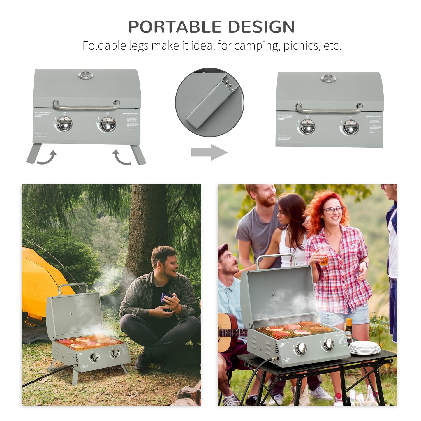 Gray portable propane grill with foldable legs ideal for outdoor cooking