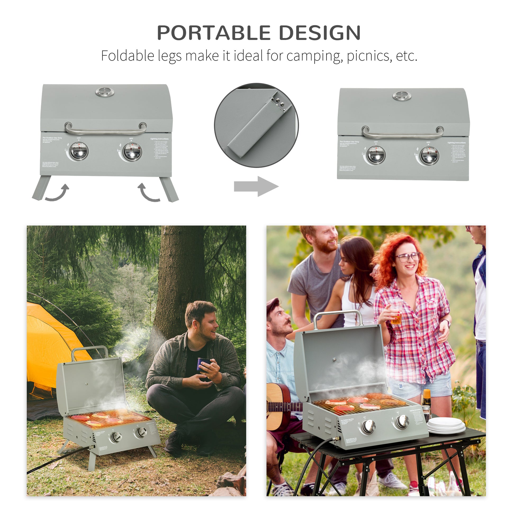 Gray portable propane grill with foldable legs ideal for outdoor cooking