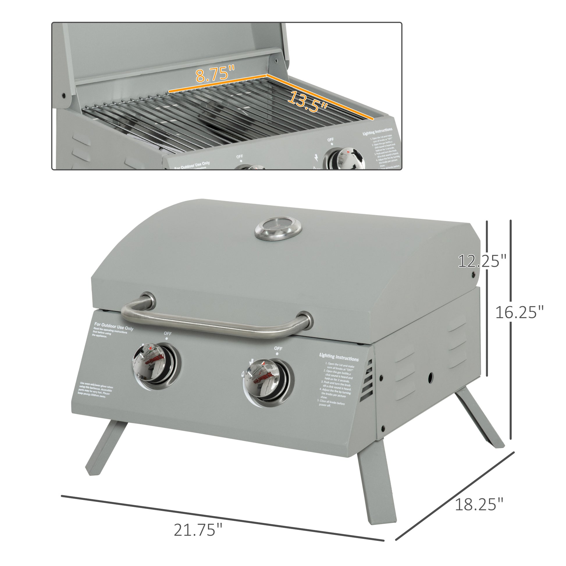 Gray portable propane grill with two burners and side handles for outdoor cooking