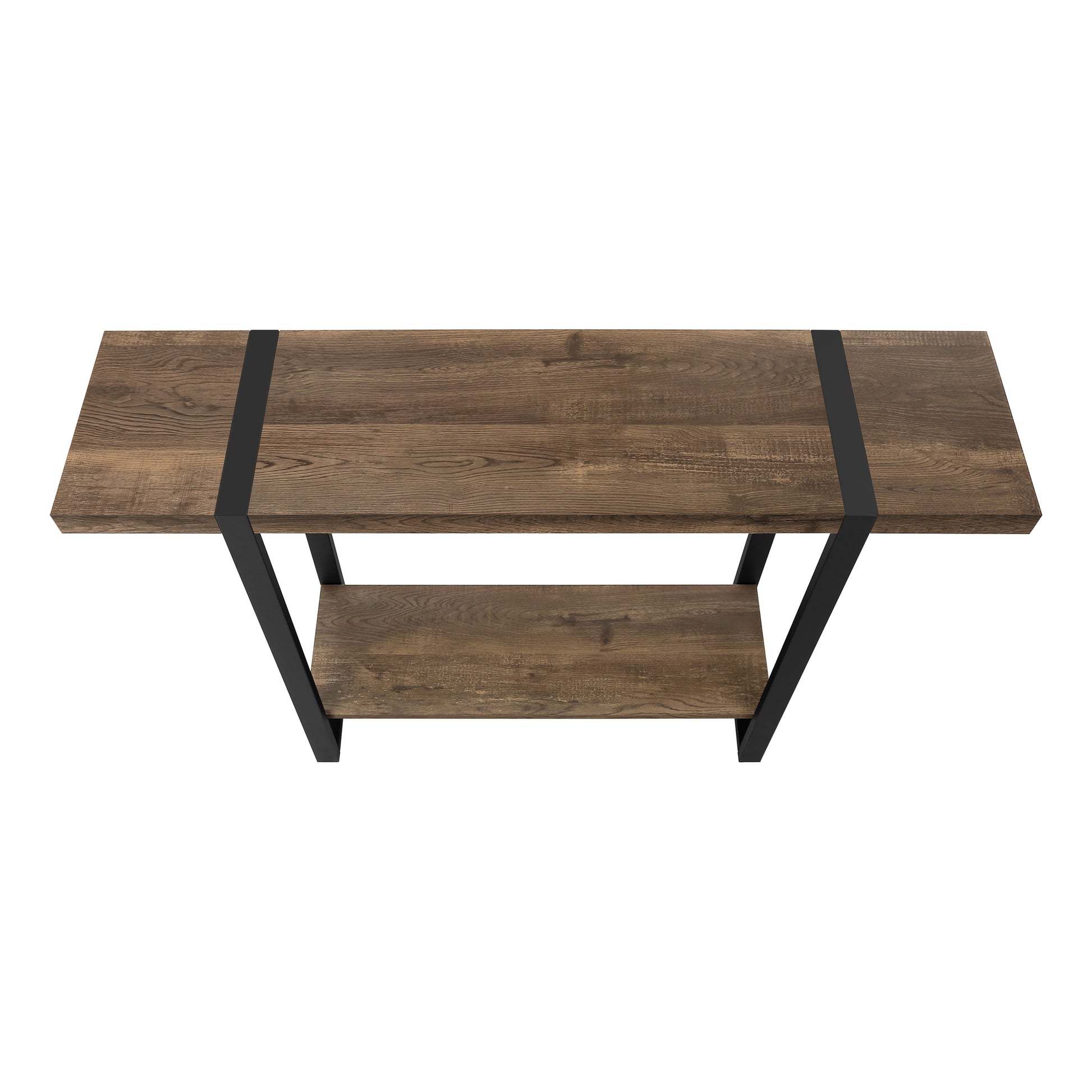 Rustic wood and black metal console table with two shelves for entryway storage