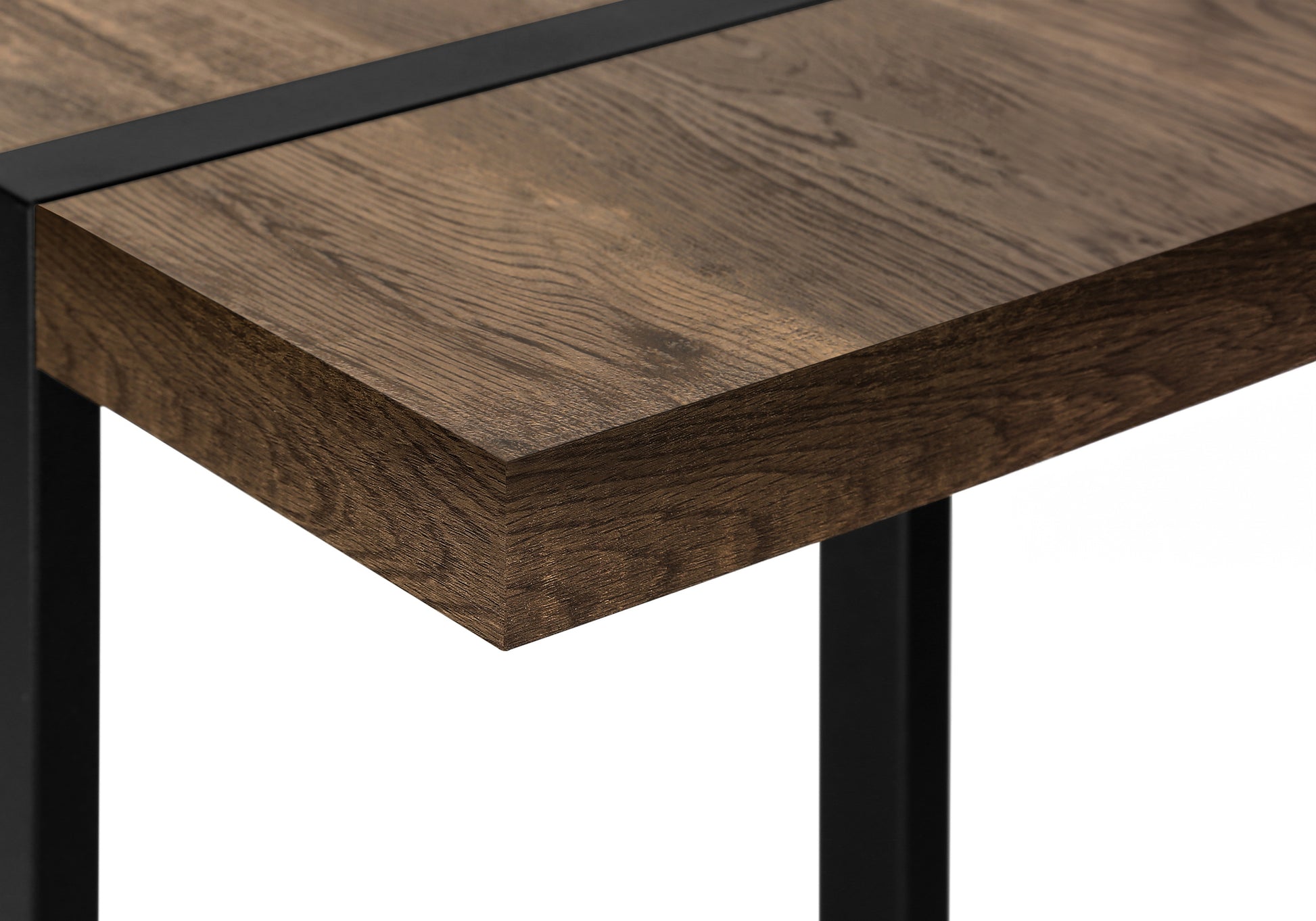 Rustic oak wood tabletop with a black metal frame accent