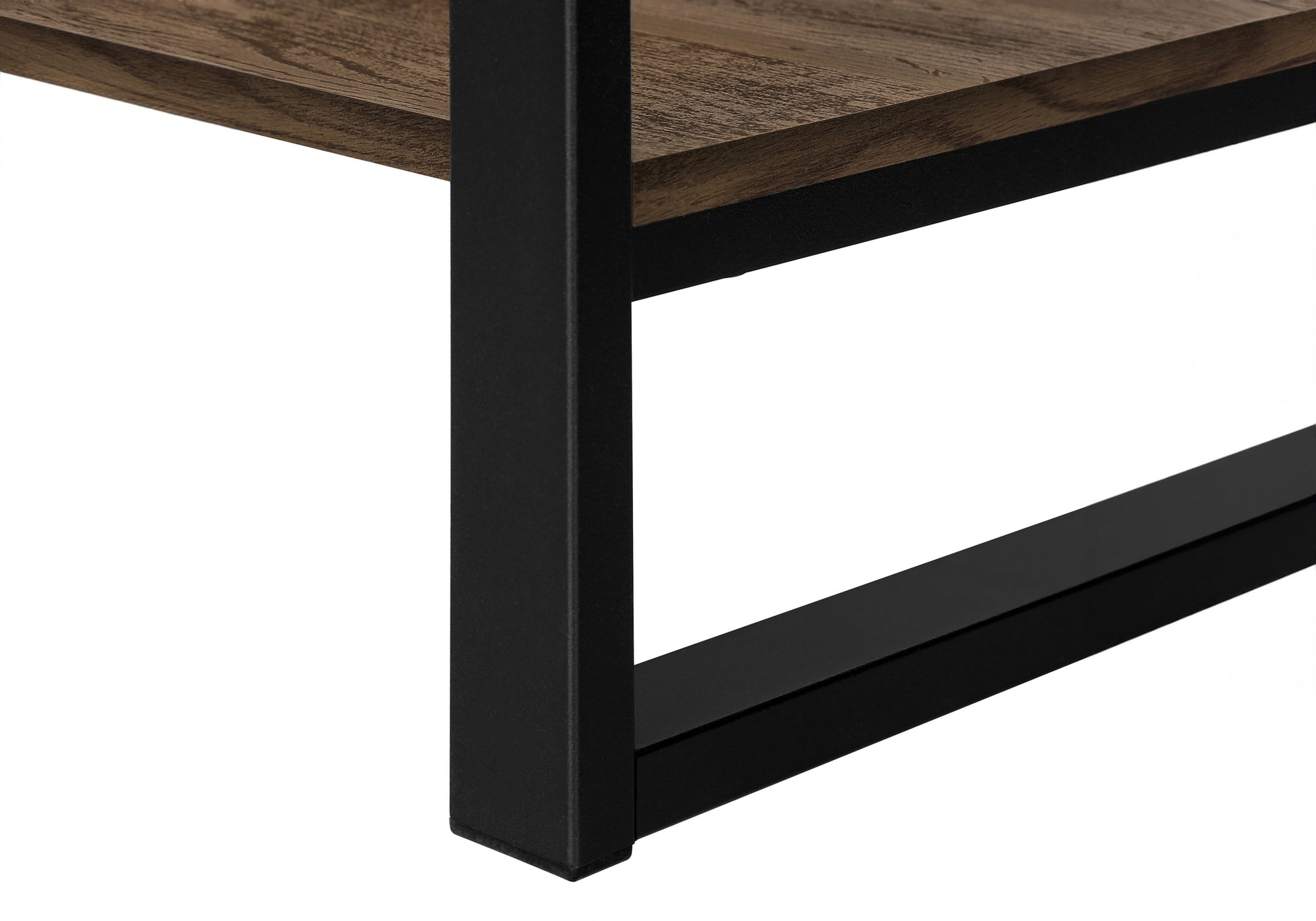 Closeup of rustic wood shelf with black metal frame for modern industrial furniture