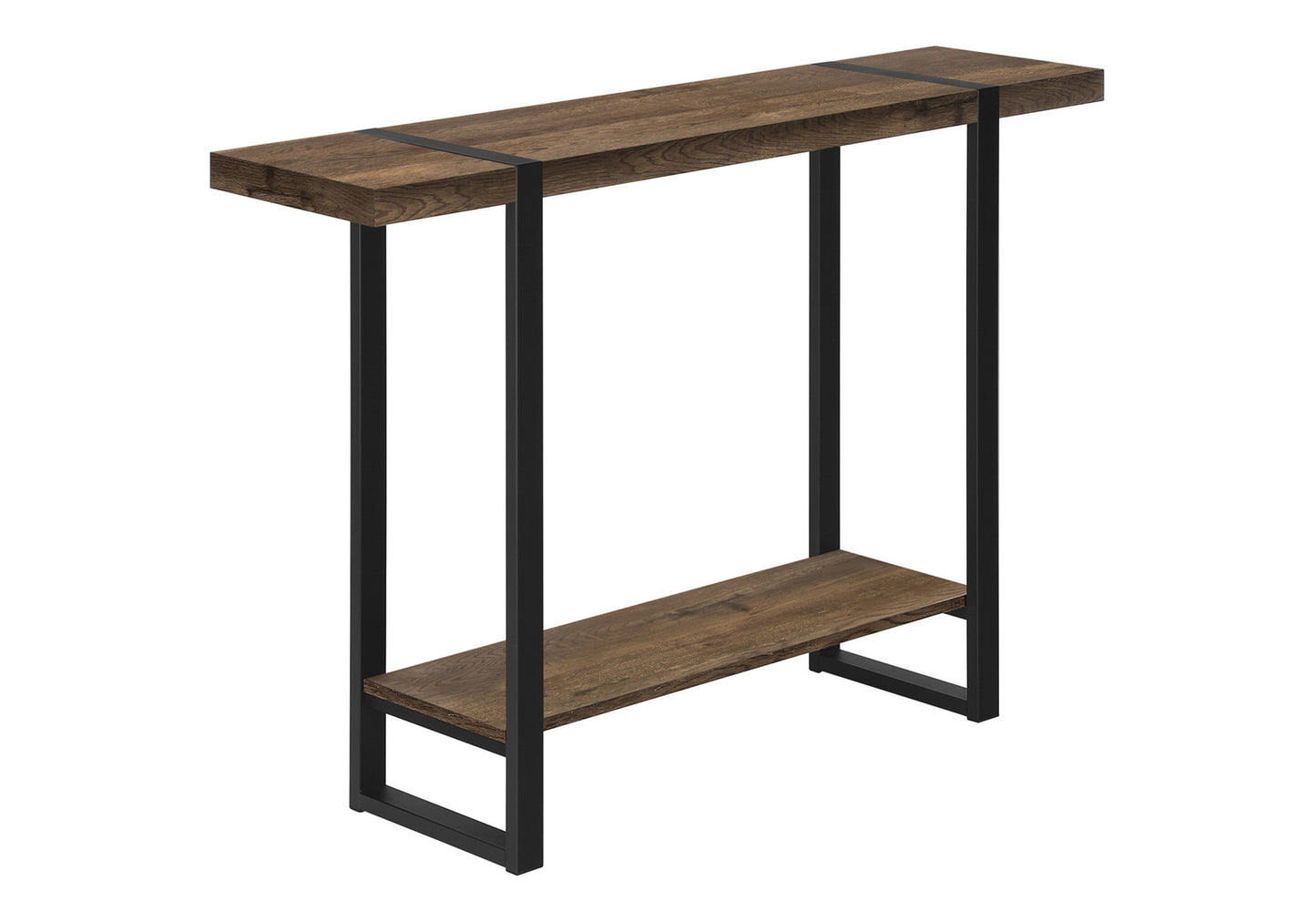 Rustic oak wood console table with black metal frame and lower shelf