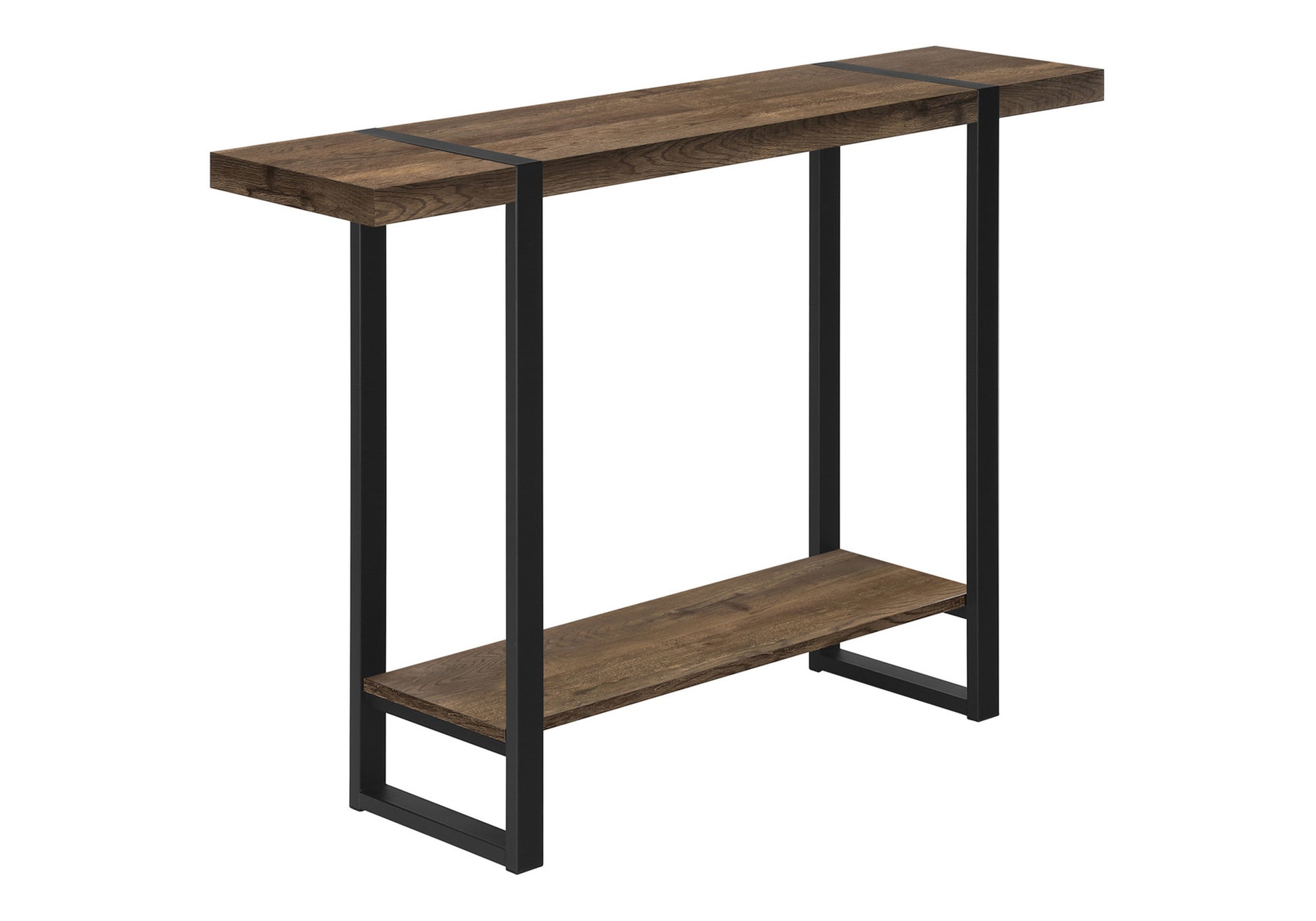 Rustic oak wood console table with black metal frame and lower shelf