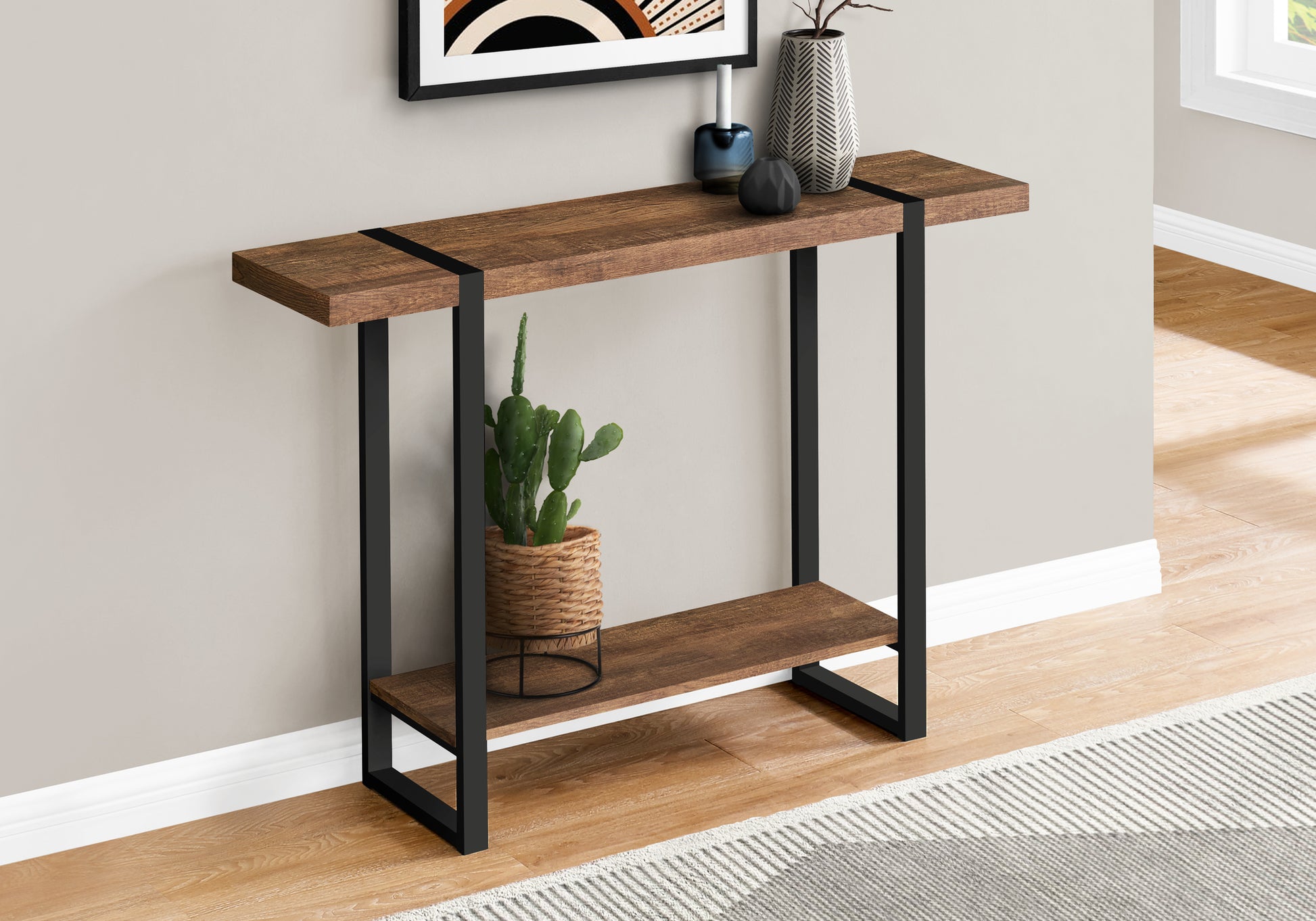 Rustic oak wood console table with black metal legs  inches wide