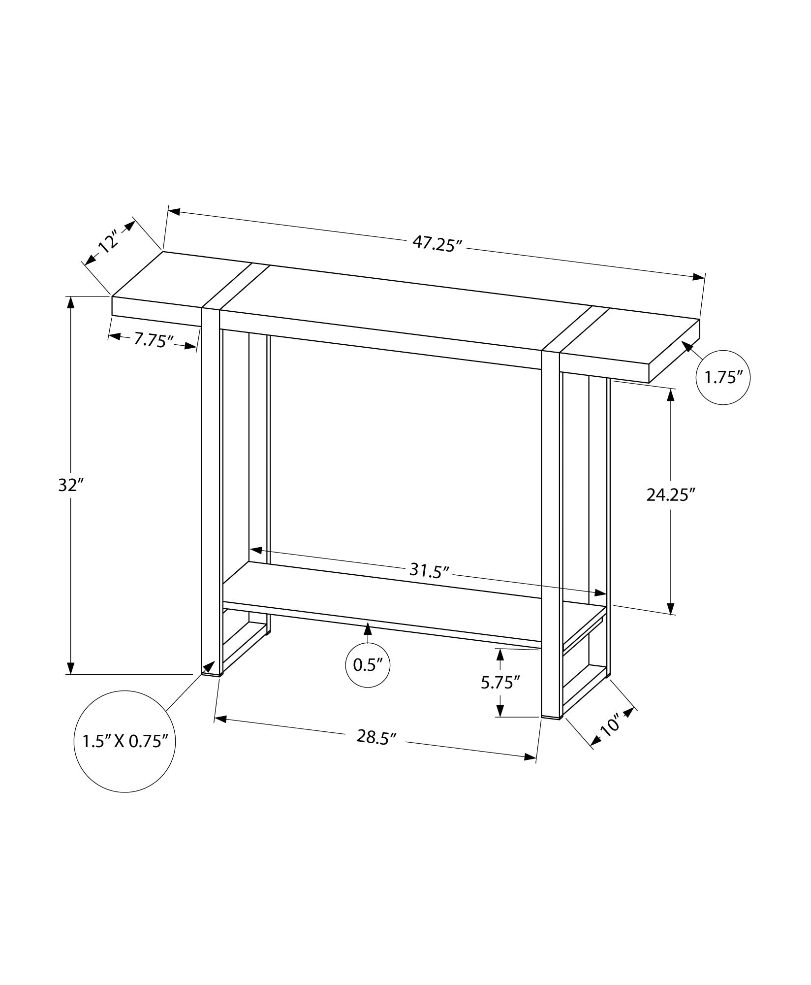 Diagram of a console table  inches wide  inches tall with shelf dimensions
