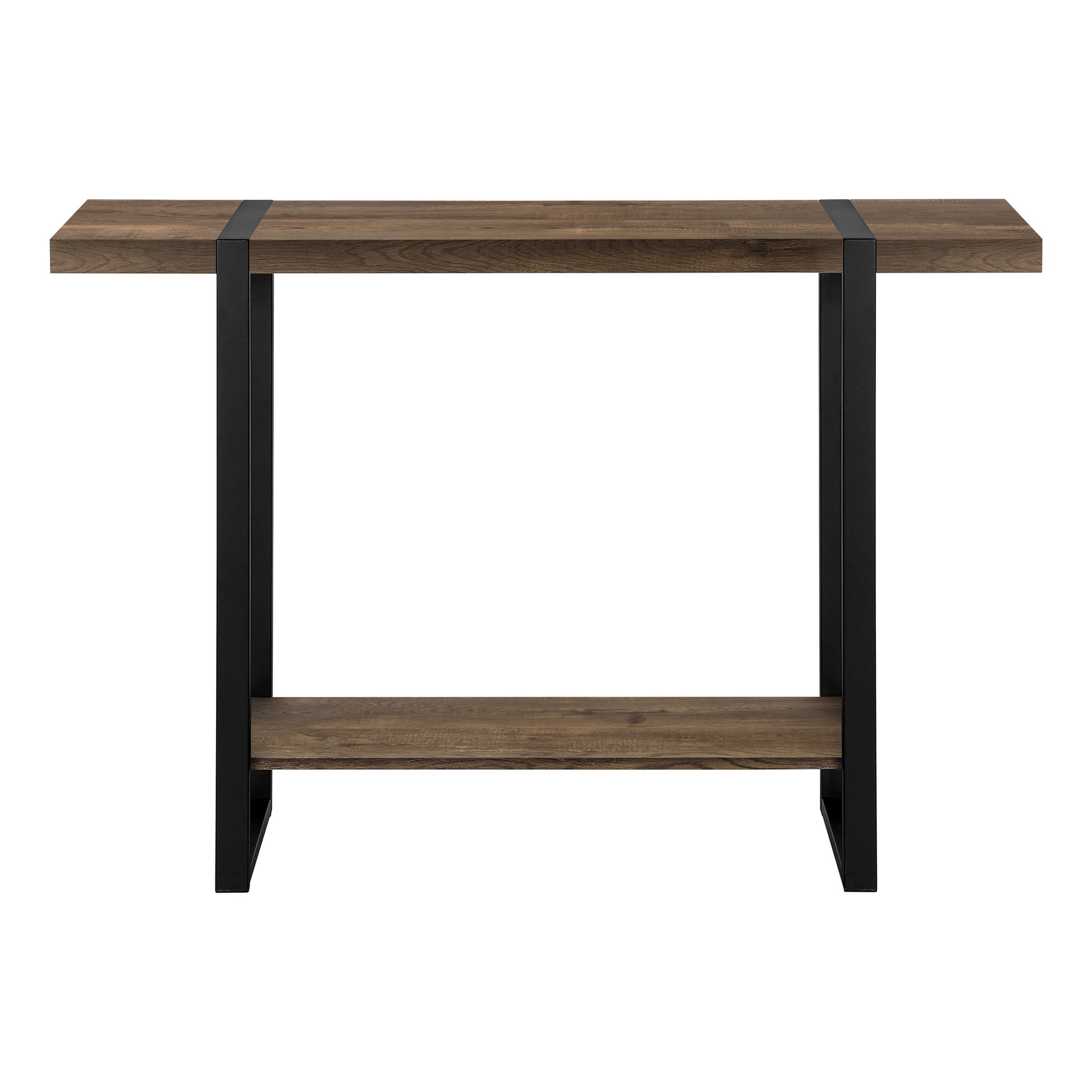 Rustic oak wood console table with black metal frame and bottom shelf