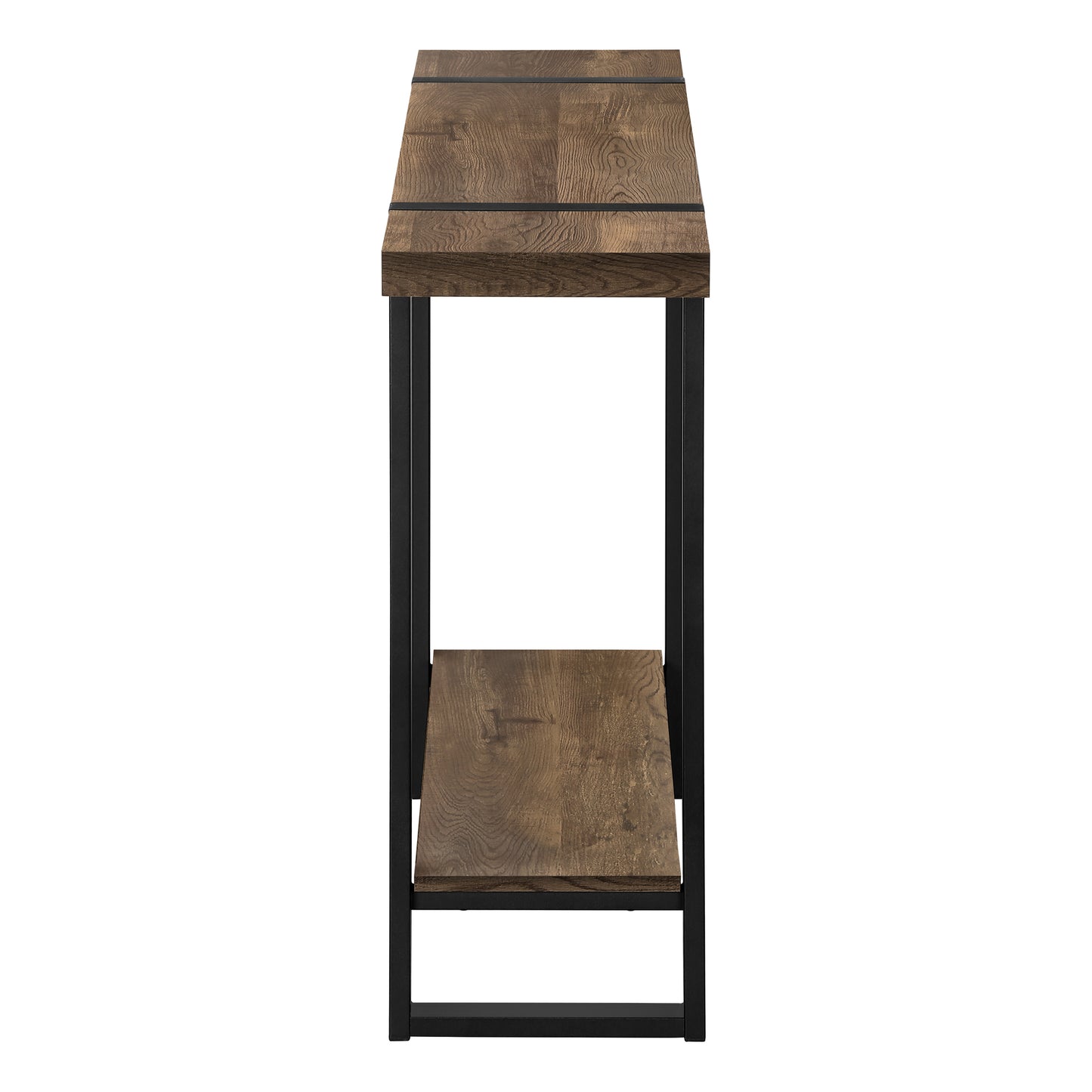 Rustic oak console table with two shelves and black metal frame