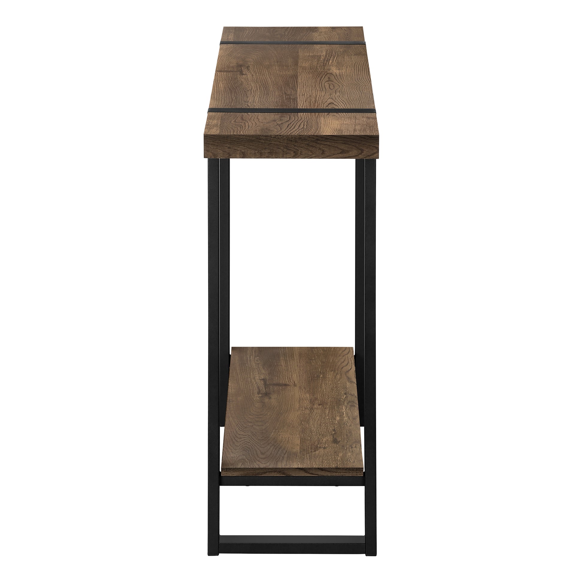 Rustic oak console table with two shelves and black metal frame