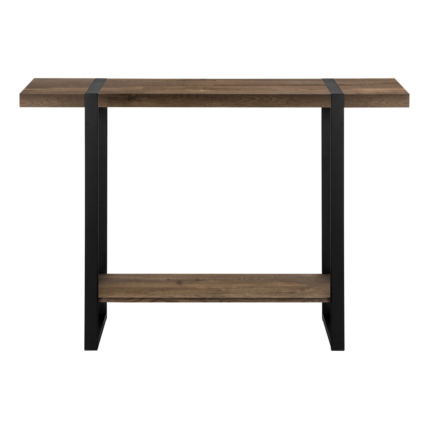 Rustic brown wood console table with black metal frame and shelf