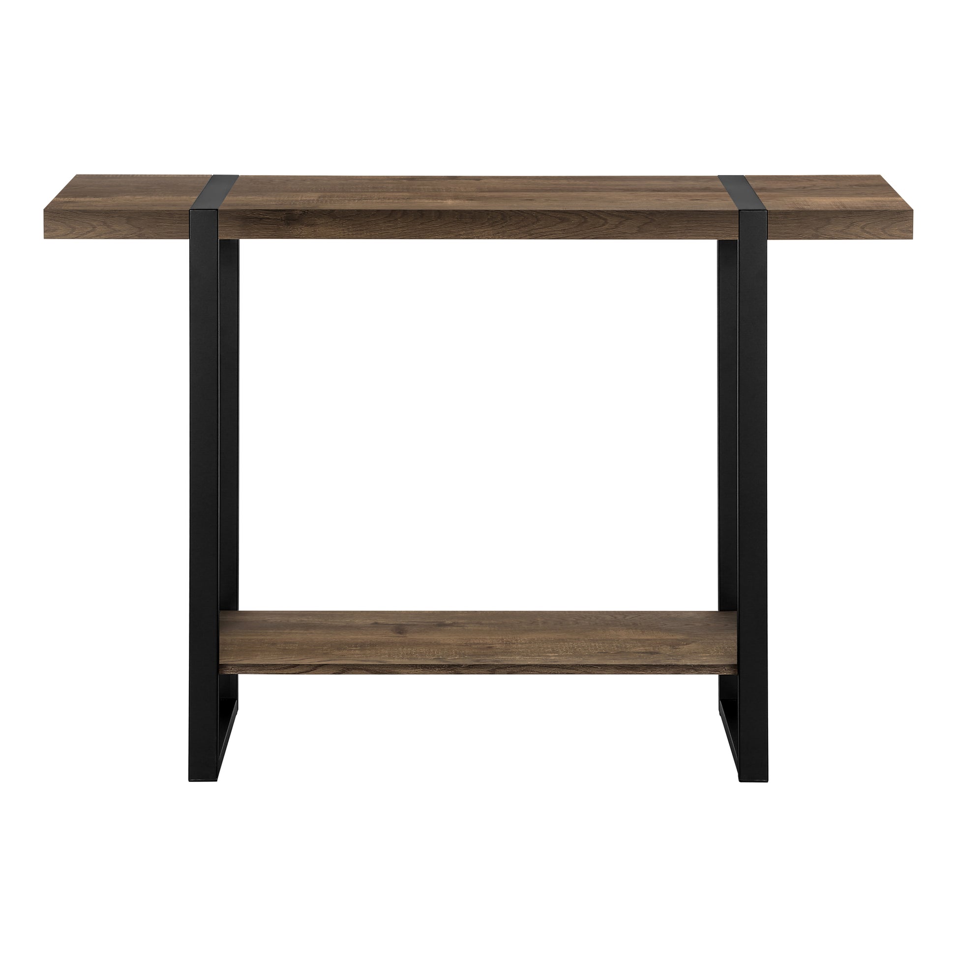 Rustic brown wood console table with black metal frame and shelf
