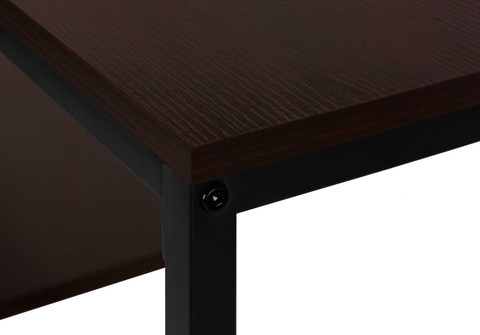 Dark wood grain top shelf of a modern bookshelf with black metal frame